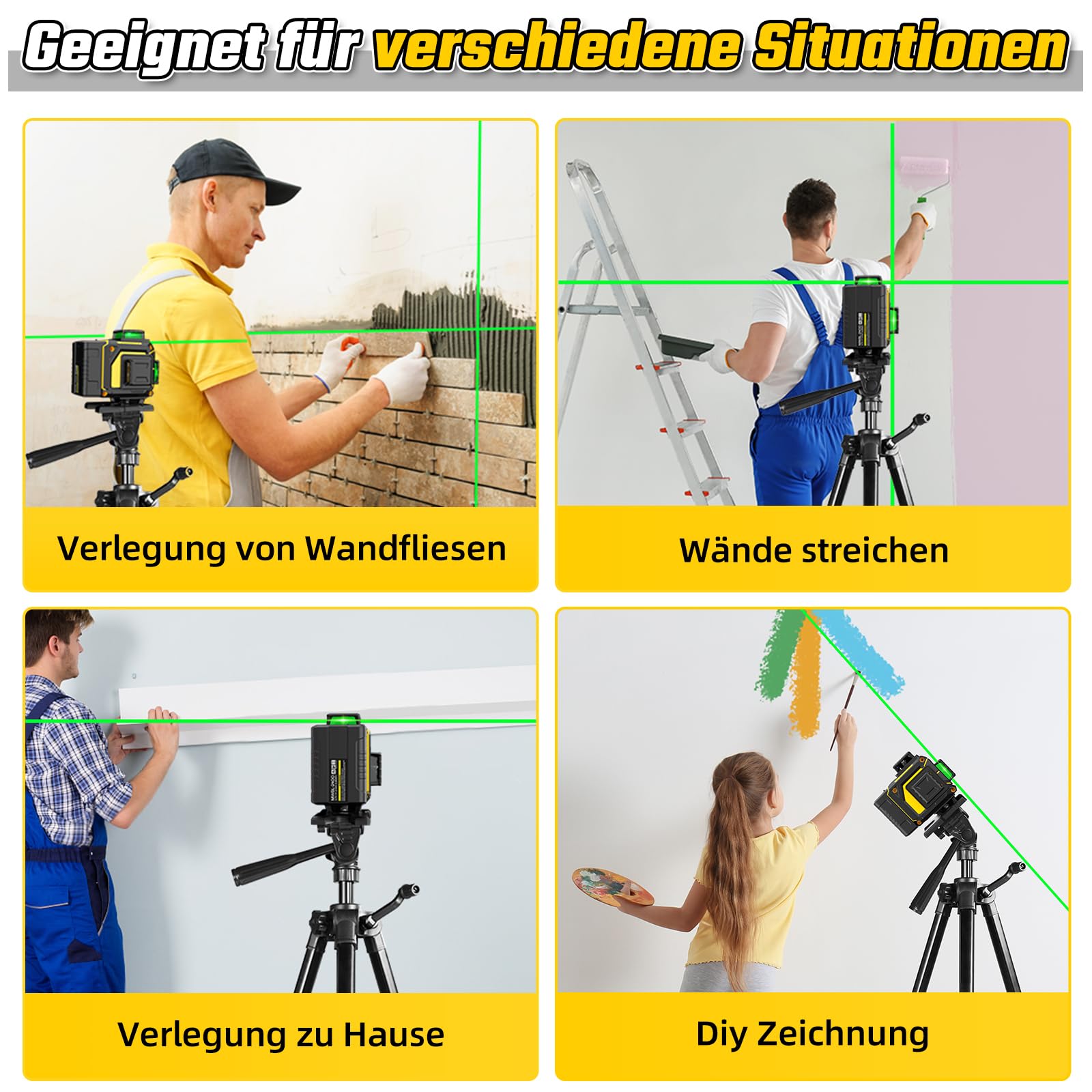 Kreuzlinienlaser mit Stativ, 4D 16 Linienlaser Grün Kreuzlaser 4x360° Laser Wasserwaage Kreuzlaser Selbstnivellierend für Innenbereich Baustelle Mit 1.27M Stativ, 4800mAh Batterien, Fernbedienung
