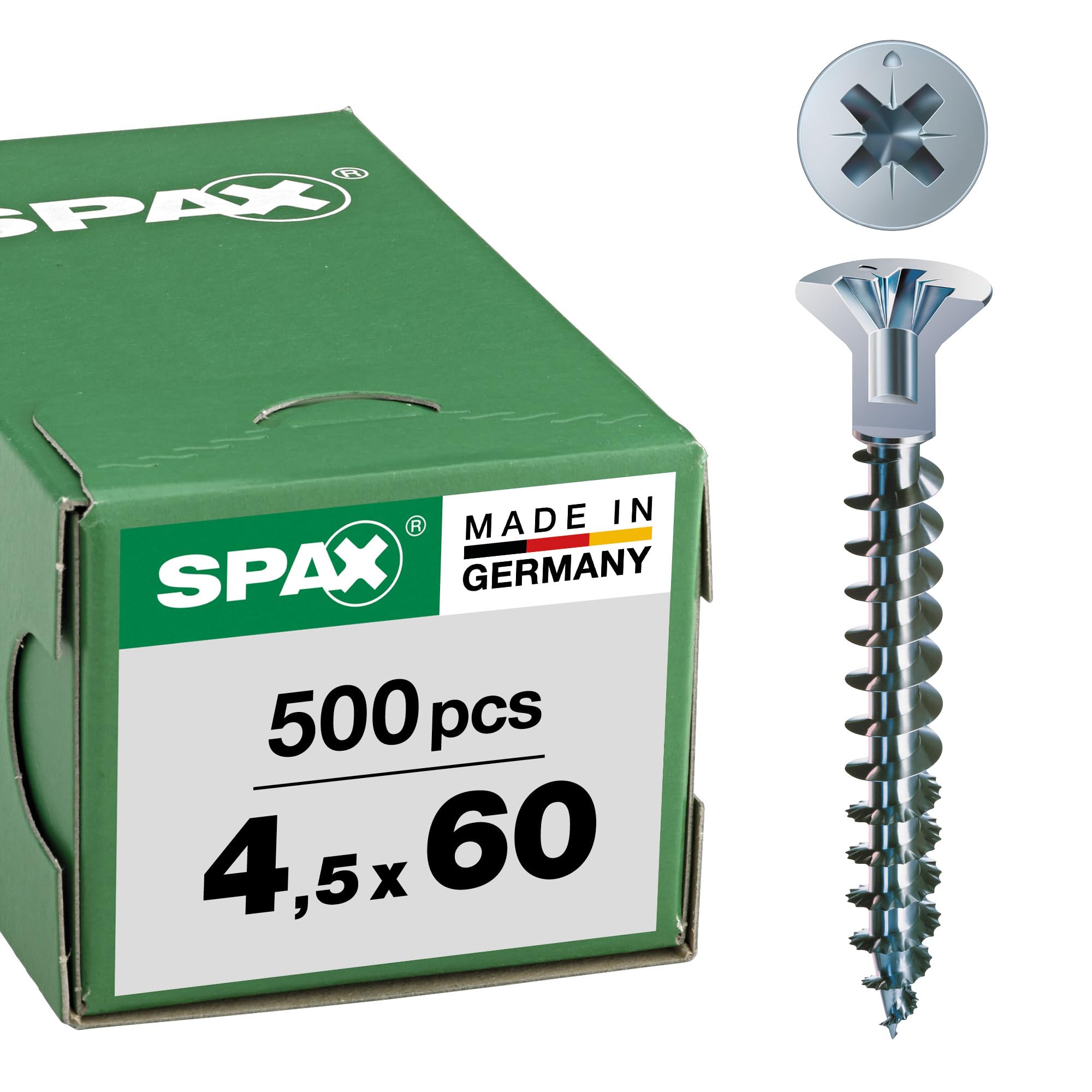 SPAX Vite universale con foro della testa, 4,5 x 60 mm, 500 pezzi, Filetto totale, Testa svasata, Intaglio a croce Z2, Punta S, WIROX - 0271010450605