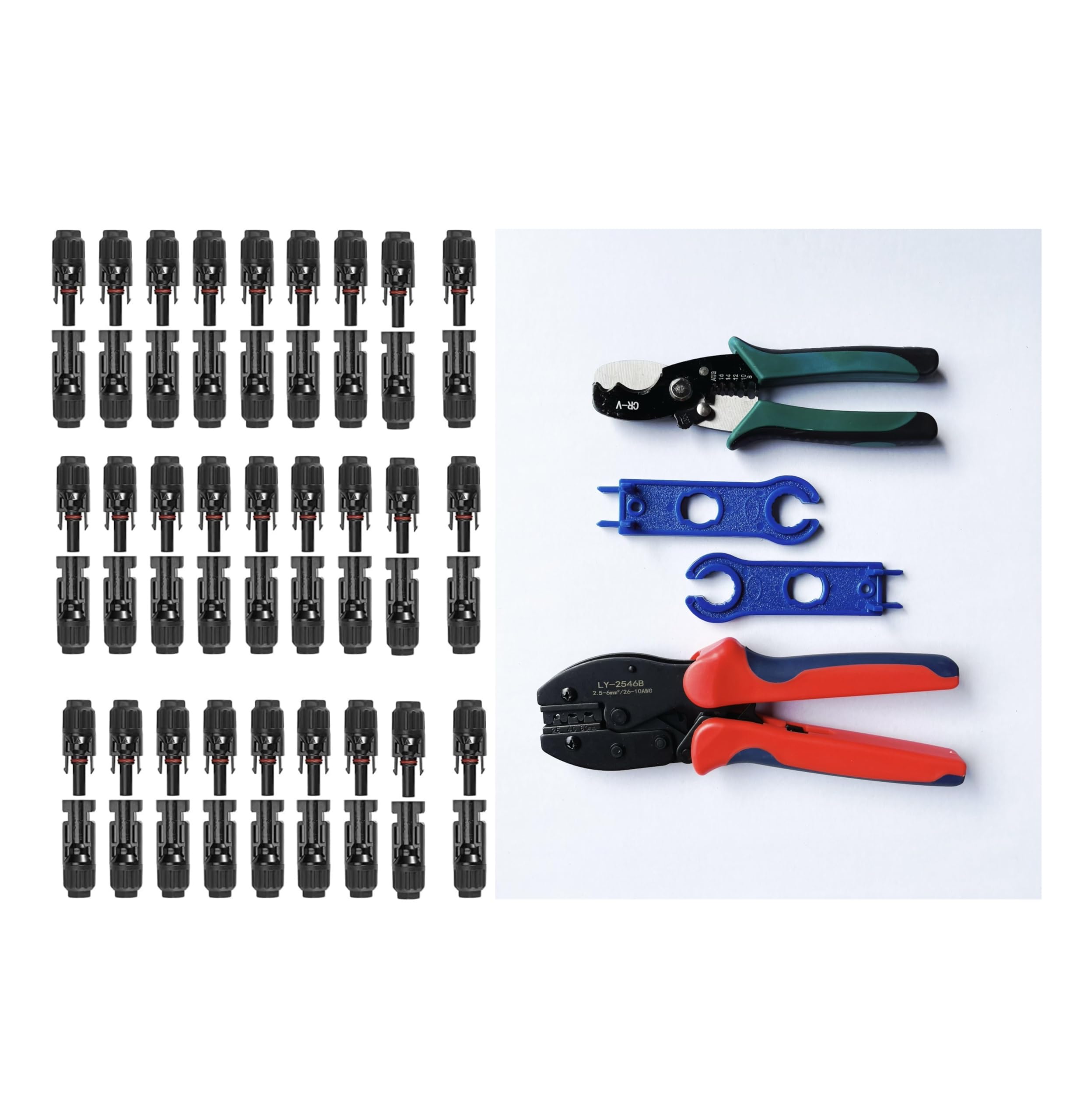 Solar Crimping Tool for Solar Panel Cable with 30 Pairs Solar Connectors, 1PCS Solar Crimper, 2 PCS Spanner Wrench, Crimper Tool for 2.5/4/6mm² Solar cable Wire,1PCS cable stripper