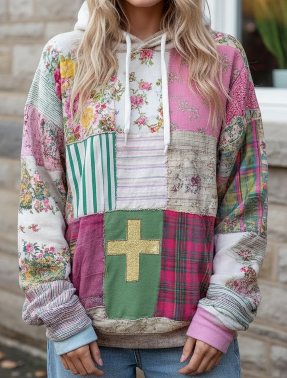 TIAFORD Womens Vintage Faith Cross Floral Graphic Patchwork Hoodie Casual Long Sleeve Pullover Top Cozy Print Front Pocket - Image 4