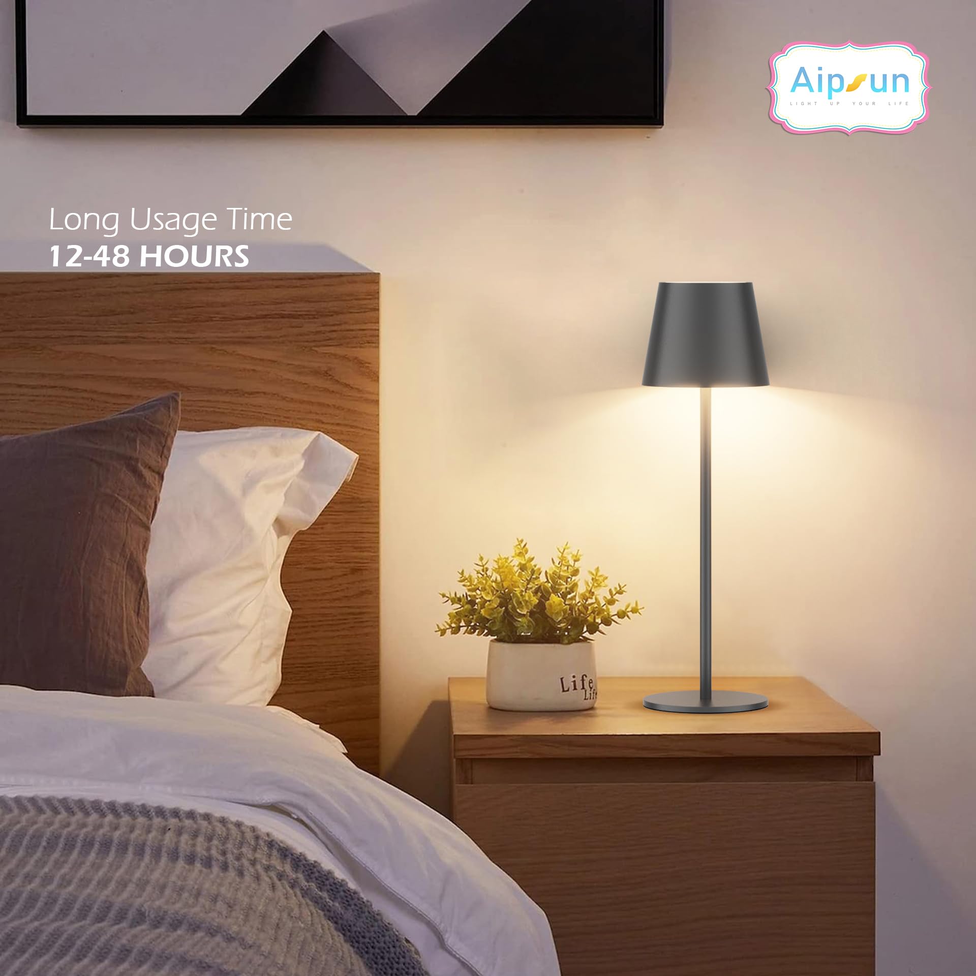 Aipsun Dimmbare LED Akku Tischlampe 36.5cm, Dunkelgrau, 2 Stück | Wiederaufladbar Warmweiß 3000K Tischleuchte & 8 RGB Farben Für Camping, Bar, Schlafzimmer, Restaurants, Aluminium, IP54