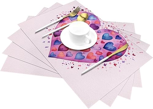 Miniatura 6 de 6 PCS PVC Placemats Set Place Mats A Watercolor Heart Non-Slip Weave Place Mats 12" x 18" Farmhouse Table Mat Set for Family Dinners Wedding Parties