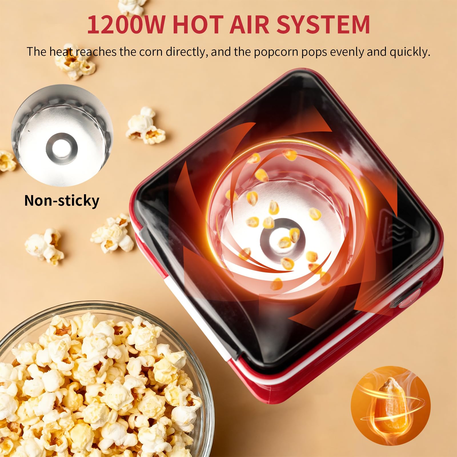 Cozary Macchina Popcorn, Macchina Per Popcorn ad Aria Calda Da 1200 W Con Misurino, One-Touch,Senza Grassi, 2 Minuti Veloce, per il Cinema Casa, le Serate Cinematografiche,Natale, le Feste,Retro