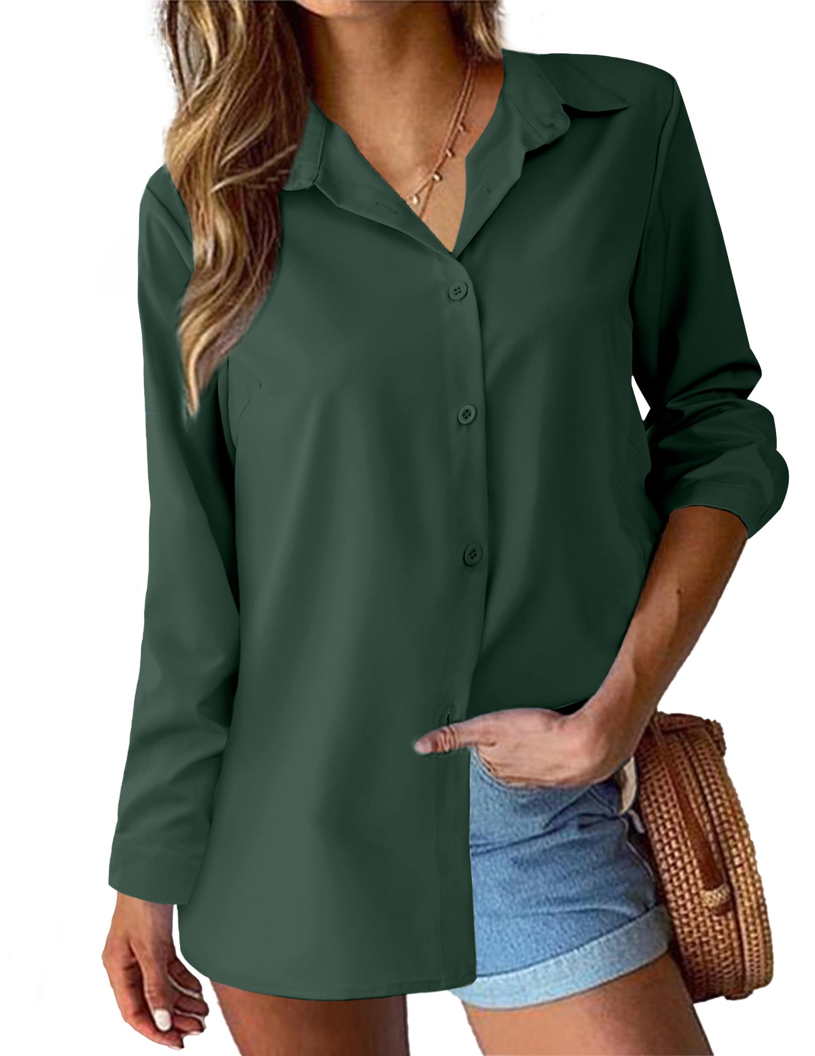 Hotouch Blusa elegante para mujer, túnica, cuello de pico, manga larga con cuello de solapa, blusa informal para trabajo, camisas monocromáticas, verano, S-XXL