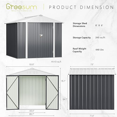 Miniatura 6 de Greesum Cobertizo de almacenamiento de metal para exteriores, 8 x 6 pies, cobertizo de herramientas de acero con puerta y cerradura, cobertizos de