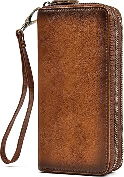 LUUFAN Mens Genuine Leather Purse Double Zipper Long Wallet Large Capacity Clutch Bag Handbag Pouch Business Hand Clutch Cash Cards Phone Holder, Brown, CQB-1008SH-CHA, Long, Double-zipper