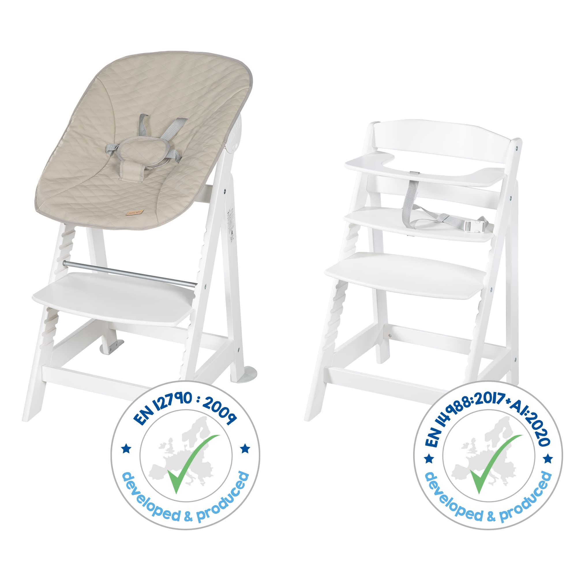 roba Seggiolone "Born Up" Set 2 in 1 - Design "Grigio trapuntato" - Funzione Pieghevole - Imbracatura - 2 Posizioni - da 0 a 6 Mesi - Legno Laccato Bianco/Grigio