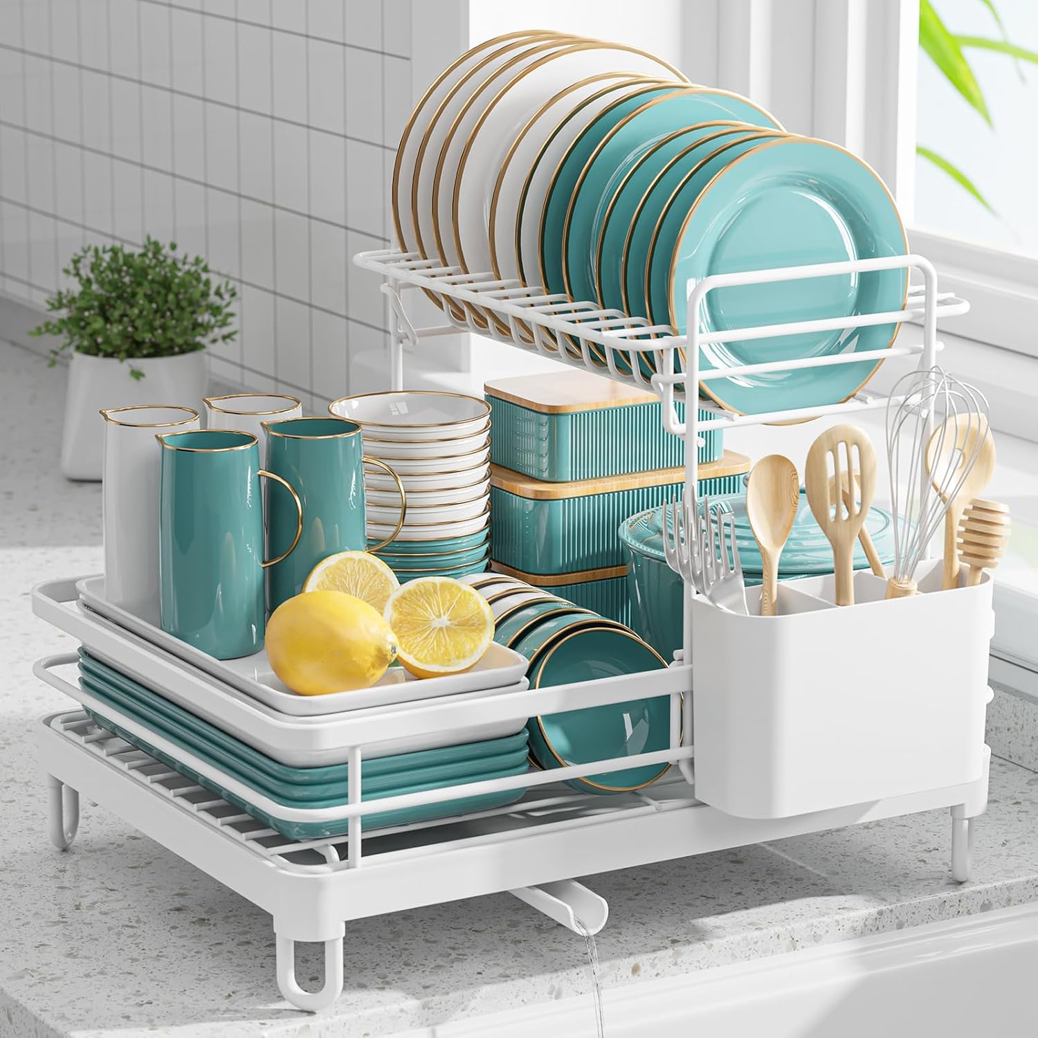 Dish Drying Rack - X-Large Stainless Steel Dish Rack for Kitchen Counter, 2-Tier Kitchen Organizers and Storage for Dishes, Bowls, Cutlery, White