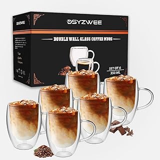 Latte Macchiato Gläser 350 ml, 6er Set, doppelwandige Kaffeegläser mit Henkel, aus Borosilikatglas, isolierende Cappuccino Gläser für Latte, Milchkaffee & Iced Americano
