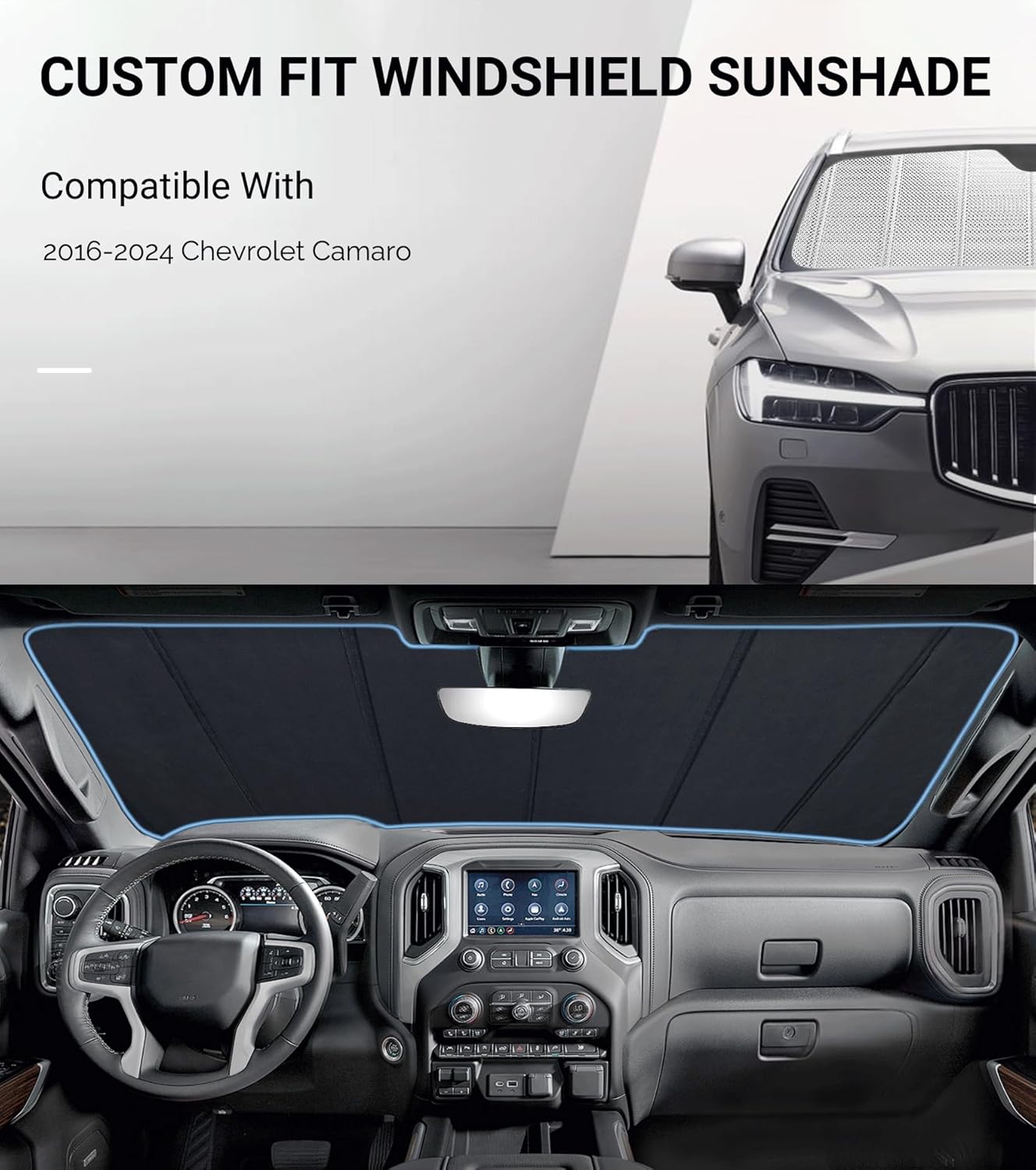 Windshield Sun Shade for Chevrolet Camaro 2016-2024. Reflective Aluminum Film Front Window Sunshade - BLAZBLOCK