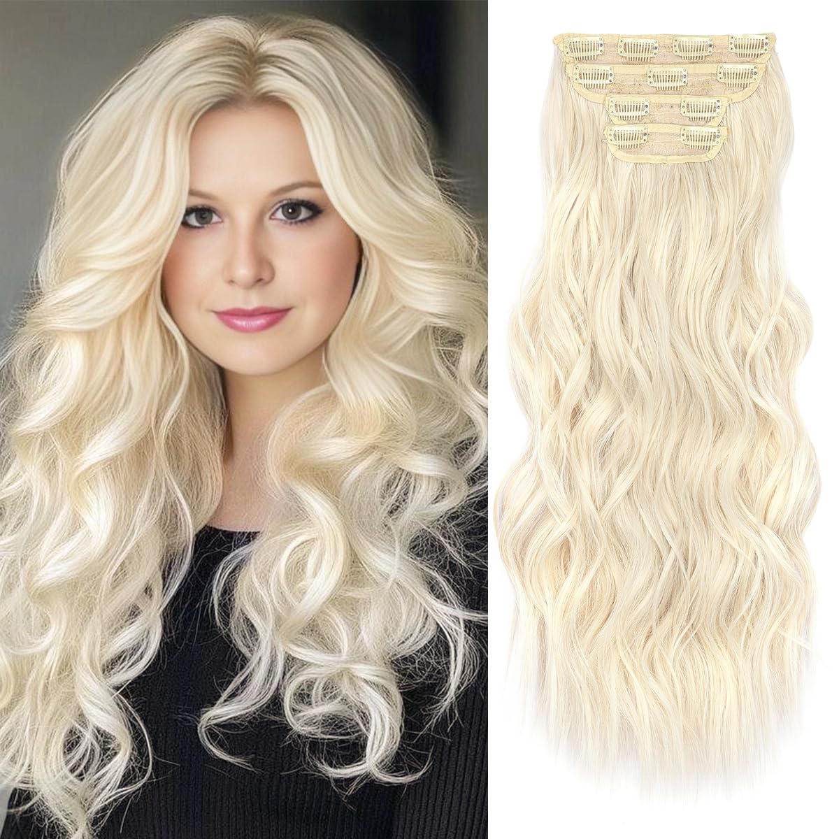 JIAMEISI Clip in Hair Extensions 4PCS Full Head Long Wavy Hair Extensions Synthetic Fiber 22 Inch 200g Clip in Thick Hairpieces for Women/Girls (#60/60A Blonde)