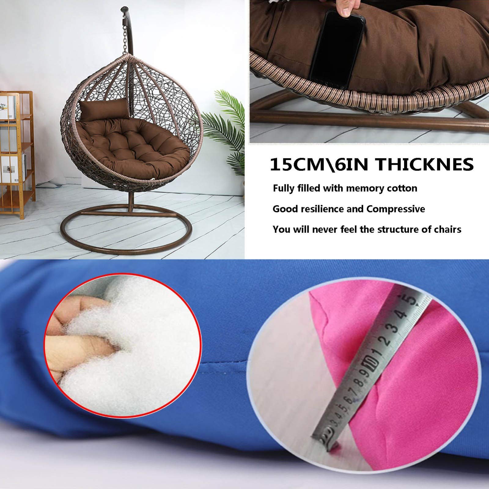 Lot de 2 coussins de chaise hamac suspendus avec oreiller réglable, épais et lavable, coussin papasan rond de rechange pour balancelle en rotin, beige