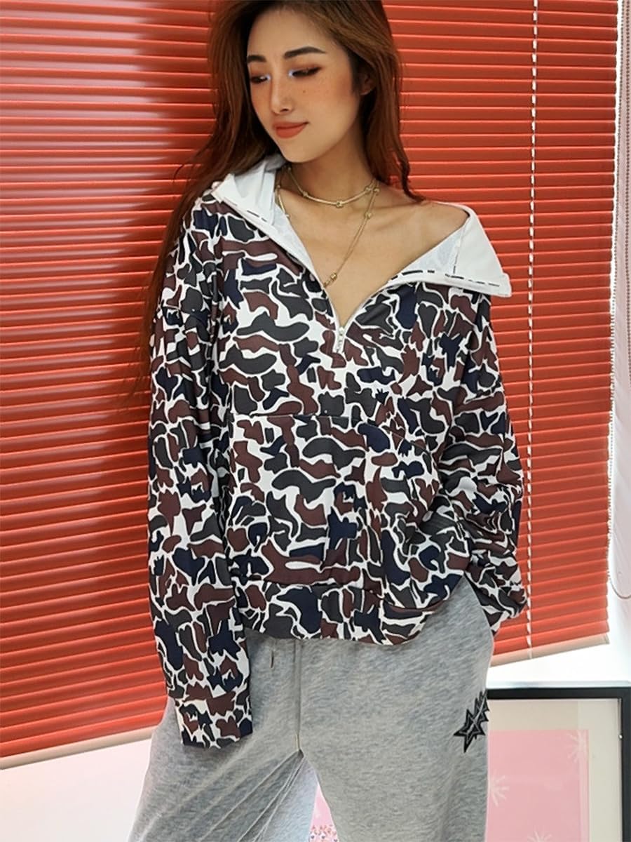 Oversized Quarter Zip Pullover Women Camo Zip Up Hoodie Purple Camo Hoodie Womens Colorful Patchwork Graphic Hoodies - Image 2