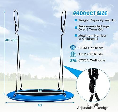 Miniatura 6 de Costzon Columpio de árbol de 40 pulgadas con luces LED para niños y adultos, columpio de platillo volador para interiores y exteriores con cuerdas