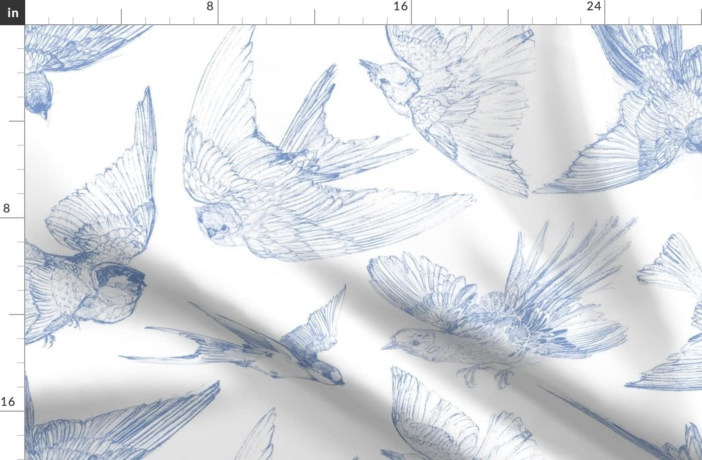 Spoonflower Fabric - Flight Blueberry Birds Feathers Flying Blue White Shabby Chic Spring Printed on Organic Cotton Sateen Fabric by The Yard - Sewing Quilting Apparel Home Decor