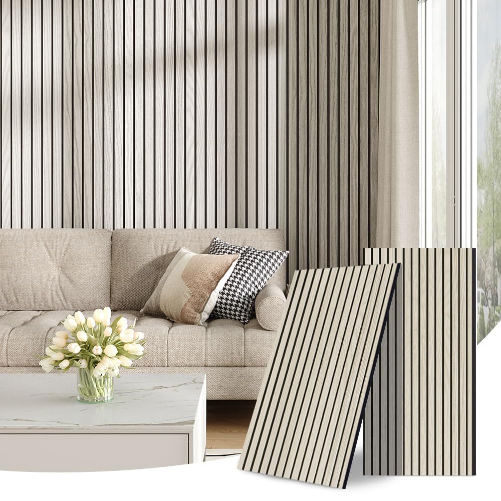 INMOZATA Wooden Acoustic Slat Wall Panel-3D Decorative Sound Absorbing & Soundproofing Wall Paneling for Living Room Bedroom Home Cinema Studio Interior Easy Installation,2400x600mm,White Maple-A