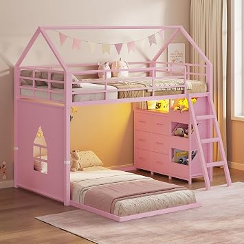 DICTAC Low Bunk Bed Twin Over Twin with 6 Storage Drawers & 3 Bins,House Floor Bunk Beds for Girls with LED Lights,Montessori Kids L-Shaped Bunk Bed with 13.4 Safety Guardrail & Inclined Stairs,Pink