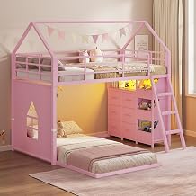 DICTAC Low Bunk Bed Twin Over Twin with 6 Storage Drawers & 3 Bins,House Floor Bunk Beds for Girls with LED Lights,Montessori Kids L-Shaped Bunk Bed with 13.4" Safety Guardrail & Inclined Stairs,Pink