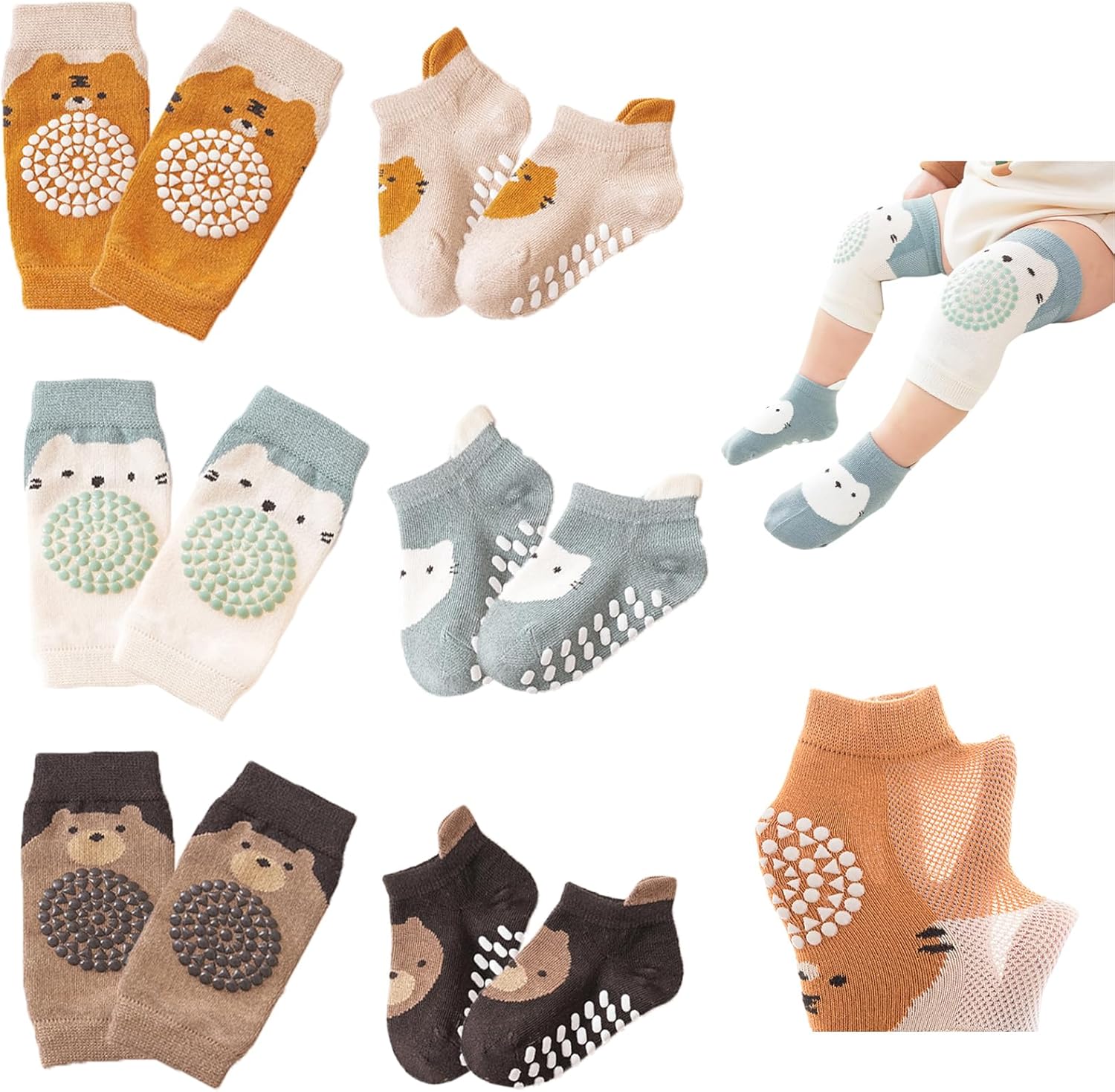 Feidoog Baby Crawling Knee Pads with Anti-Slip Elastic 3 Pairs Knee Pads and 3 Pairs Socks Set,Infant Kneepads for Crawling