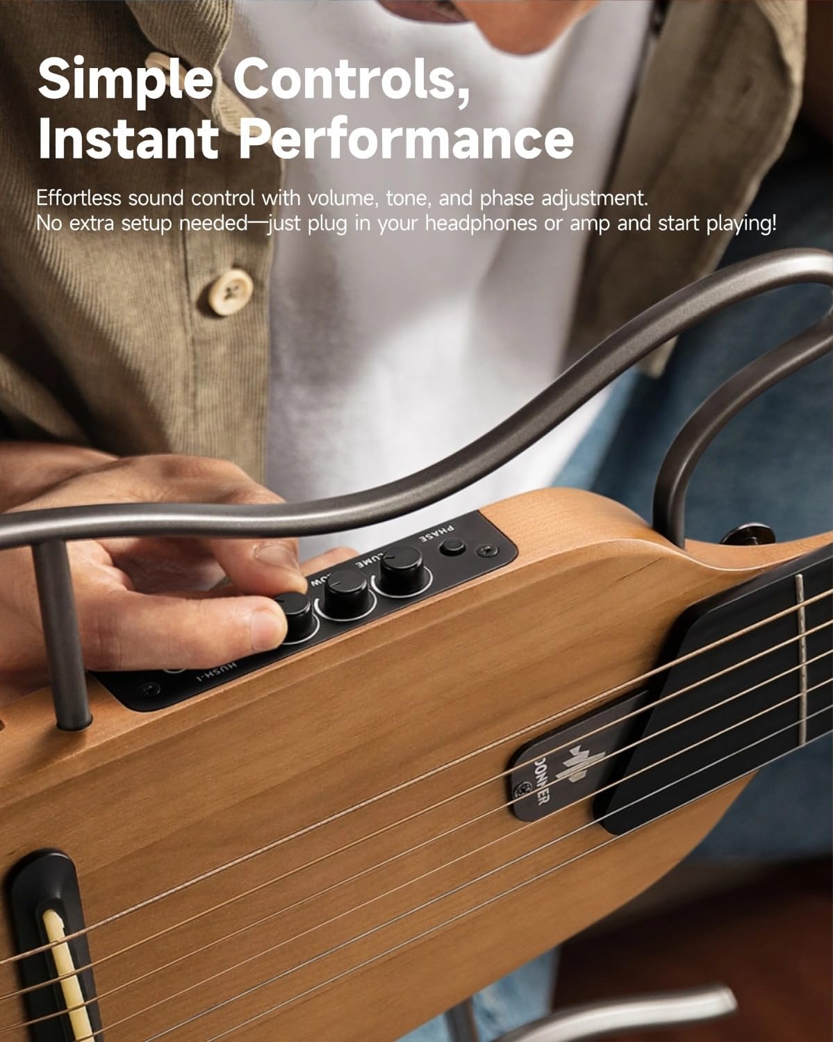 Donner HUSH-I Guitare Portable Sans Tête - Guitare Acoustique-électrique Ultra-légère et Silencieuse Pour les Voyages, Corps en érable Avec Cadres Amovibles, Housse de Transport et Accessoires.