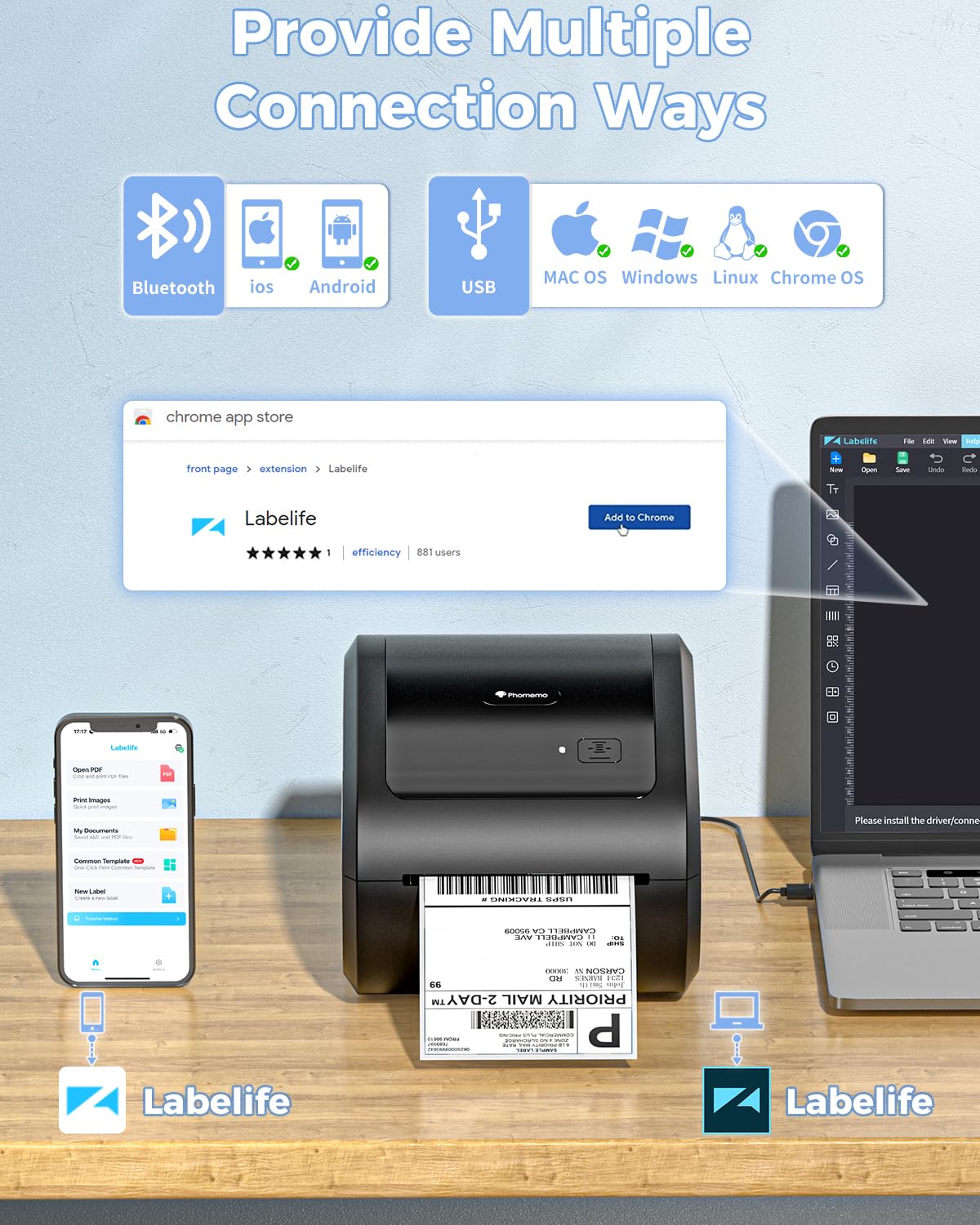 Phomemo Bluetooth Termiczna Drukarka Etykiet,D520BT Drukarka Etykiet Adresowych 4x6,Bezprzewodowa Drukarka Etykiet do Opakowań,Przesyłek,Logo,Kompatybilny z Ebay,Etsy,Amazon,Shopify Itp(Cały Czarny)