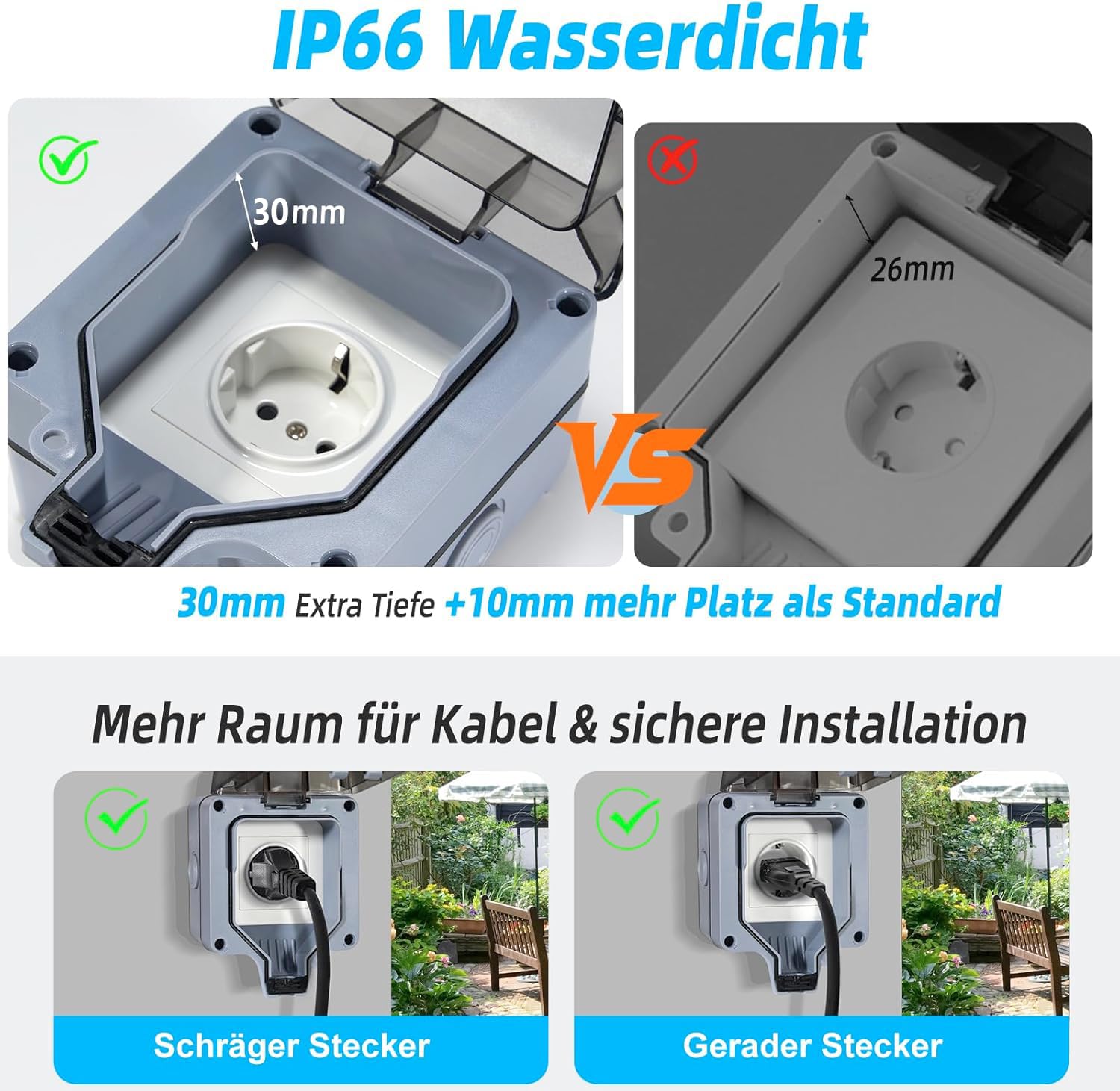 Enchufe exterior estanco IP66 de superficie 16A enchufe eléctrico exterior con tapa para jardín terraza garaje instalación en pared