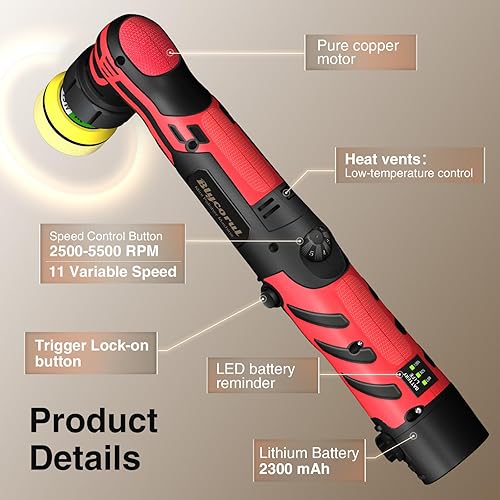 Miniatura 5 de Mini pulidora inalámbrica, 11.52 pulgadas, DA&RO con 11 velocidades variables 2500-6000 RPM, 2 baterías recargables de 2.3 Ah, micropulidora roja