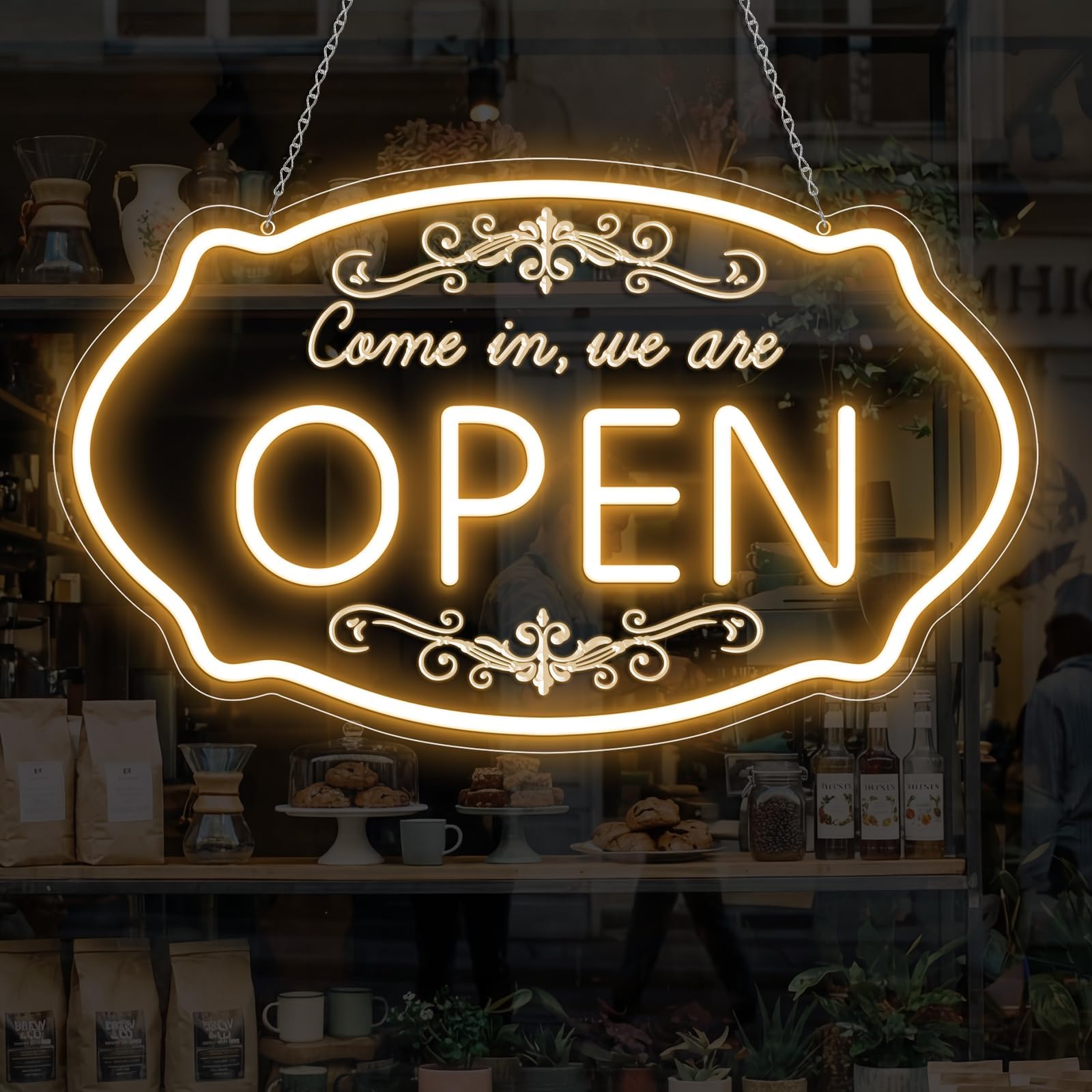 LED Open Signs for Business, 16.5''x10'' Dimmable Come in We’re Open Sign, Ultra Bright Light Up Signs Powered by USB, Warm White Neon Lights Sign for Party, Bar, Stores, Wall, Clubs, Coffee, Hotel