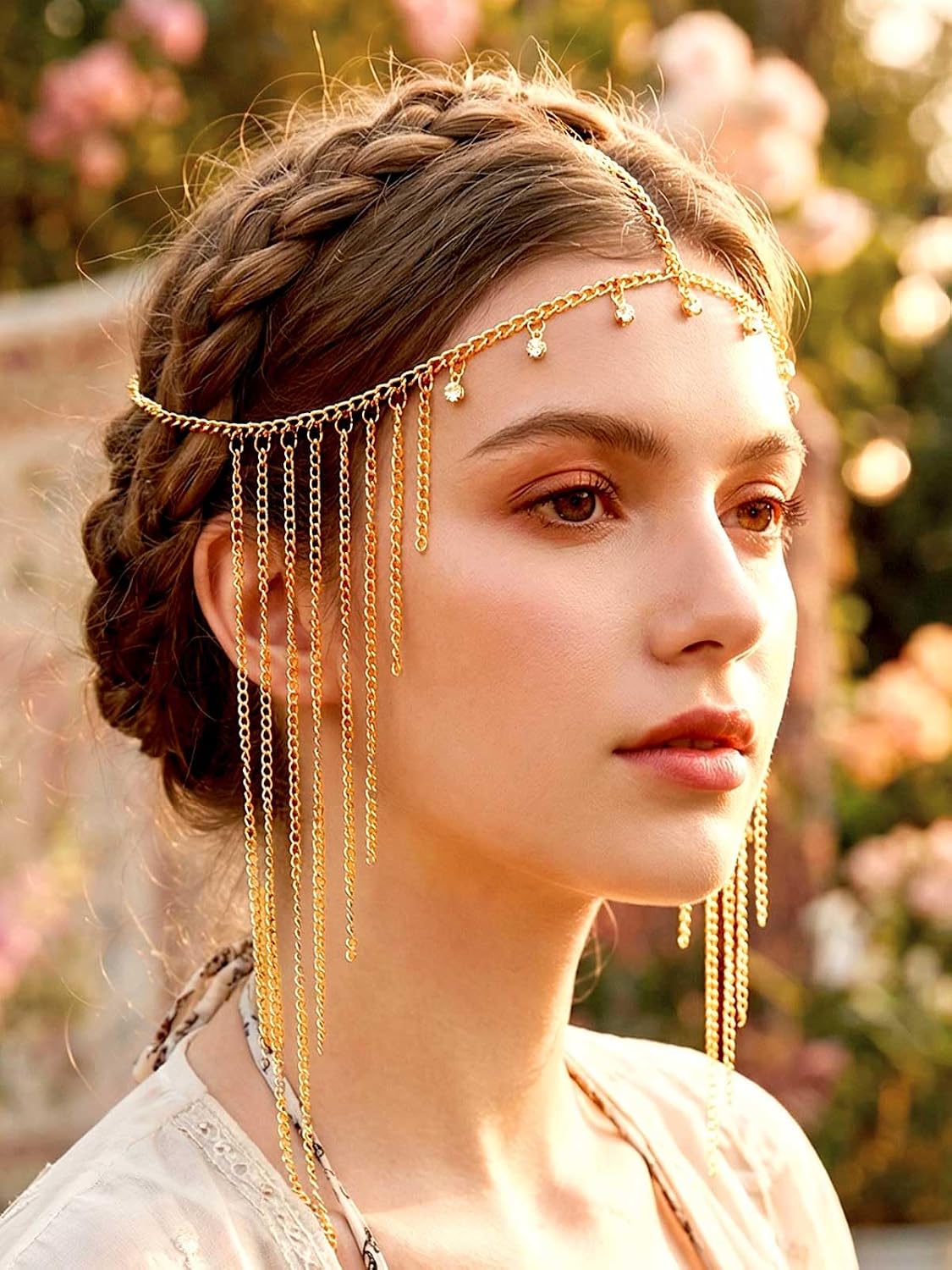Yokawe Gold Rhinestone Head Chain Jewelry,Boho Shiny Crystal Forehead Headpieces