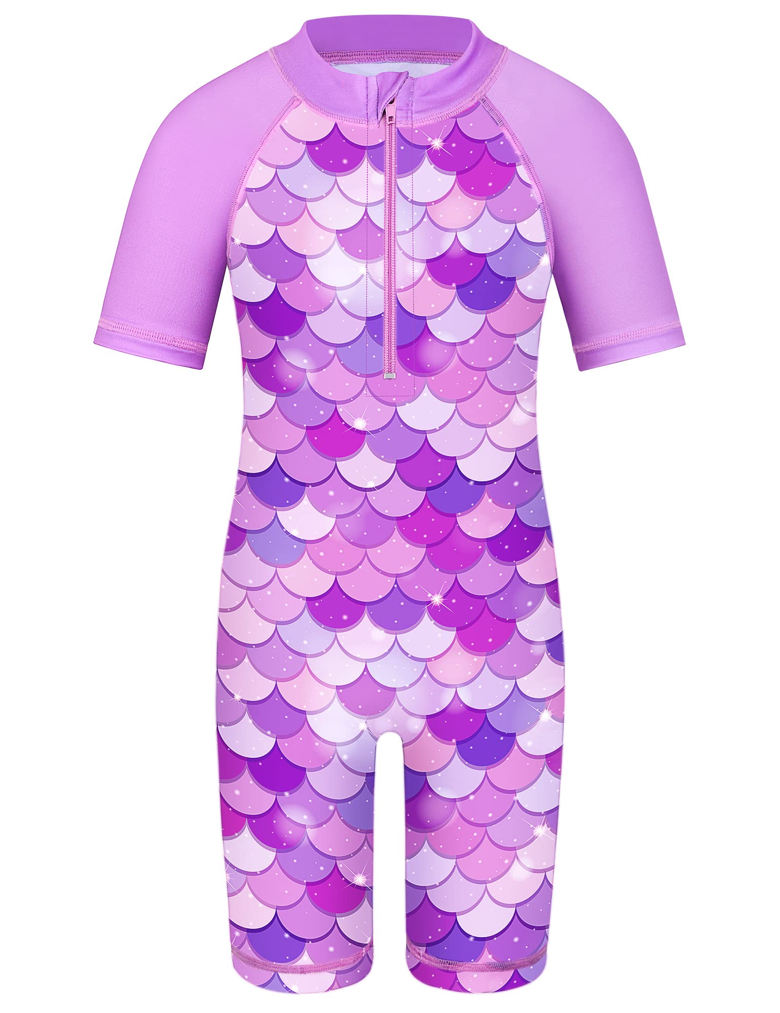 TFJH E Short Sleeve Girls Swimsuits UV 50+ One Pieces Bathing Suits Zipper 2-14Y