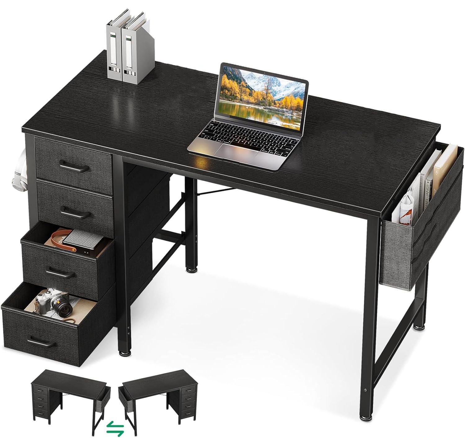Casaottima 32 Inch Small Computer Desk with 4 Fabric Drawers, Home Office Desks with Storage & Side Hook and Cloth Bag, Modern Study/Work Table for Bedroom and Small Space, Pure Black