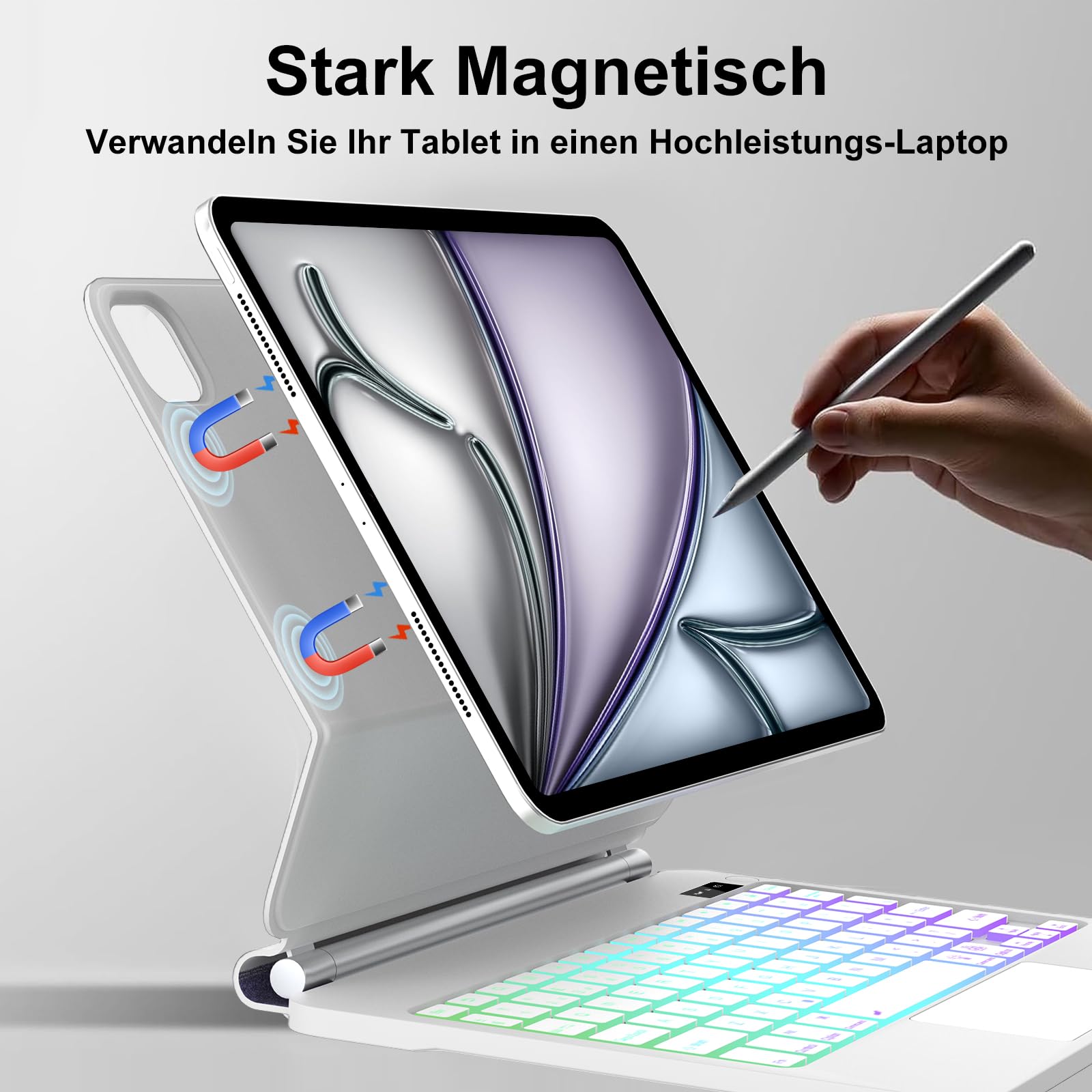 Magic Keyboard für iPad Air 13" M4 2026/M3 2025/M2 2024 & iPad 12.9, Weiß | Freischwebendes Stand Design, 7-Farbige Beleuchtung mit Trackpad Hülle mit Tastatur für iPad Air 13/iPad Pro 12.9"