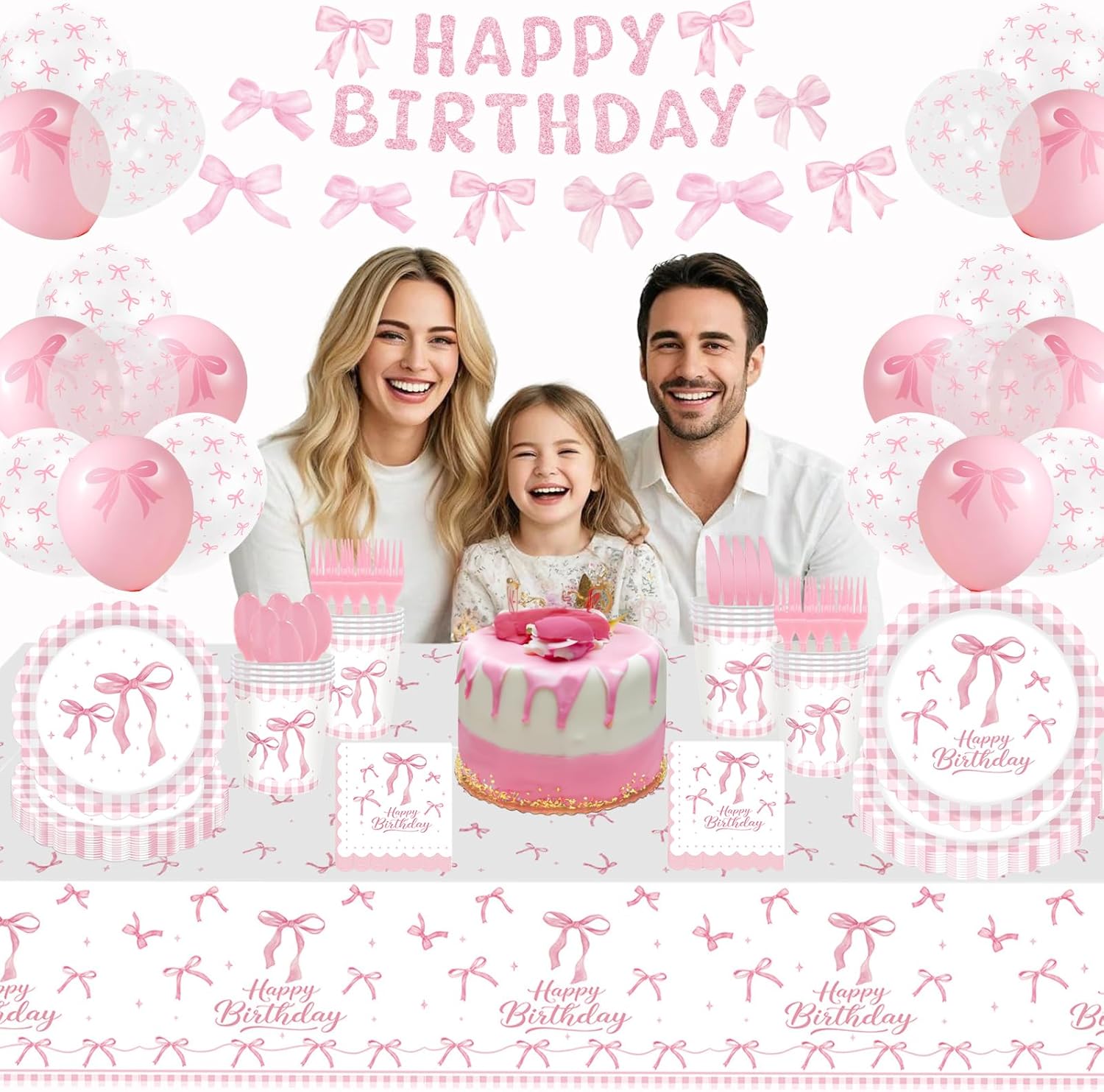 Pink Bow Birthday Party Decorations, 215pcs Coquette Birthday Decorations Serve 24 Include Bow Plates Napkins Set and Banner Tablecloth Balloons for Girls Bow Themed Party Decor