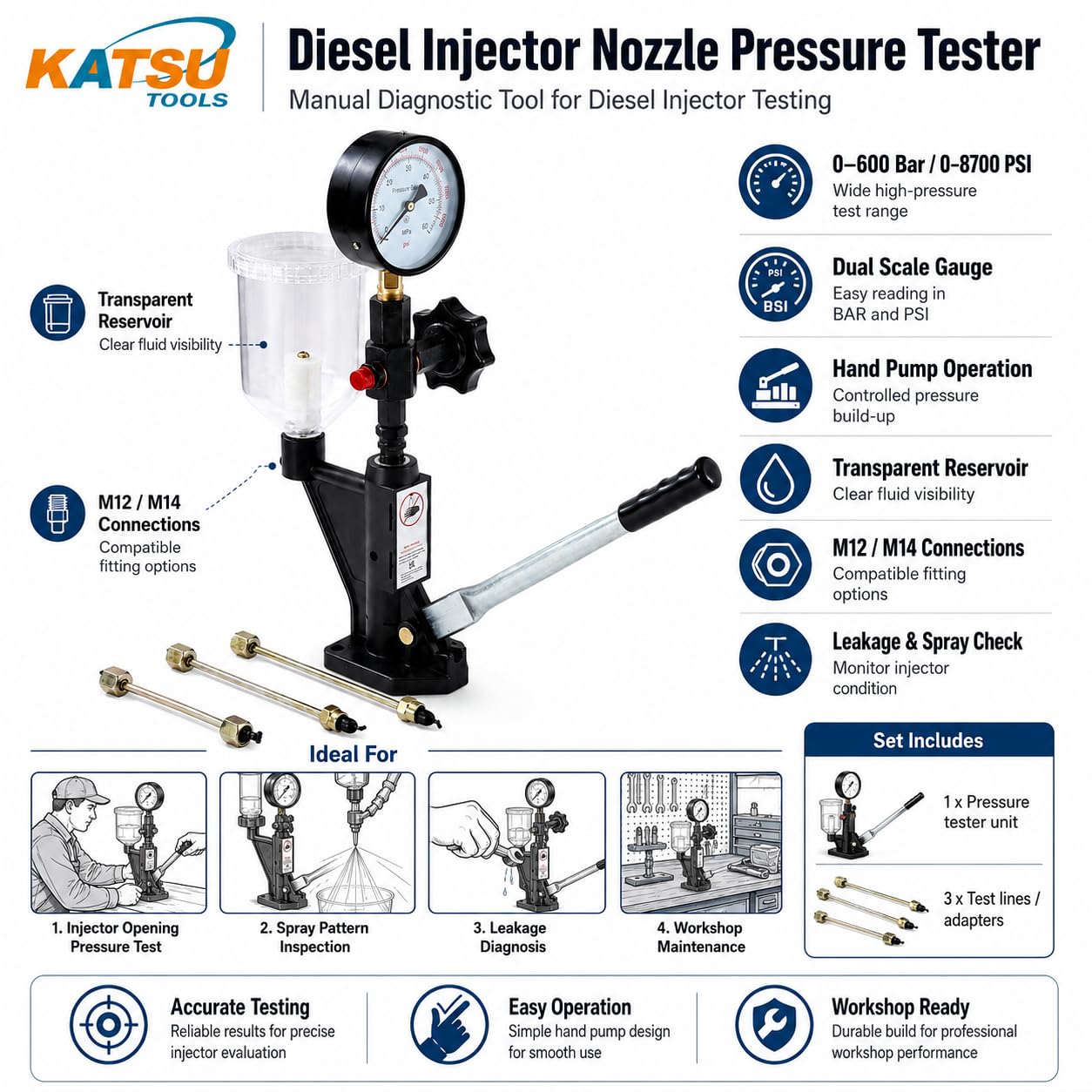 KATSU Comprobador de Presión de Boquilla de Inyección de Diesel para Reparación de Motor Diesel de Coche, Camión o Tractor, 449949
