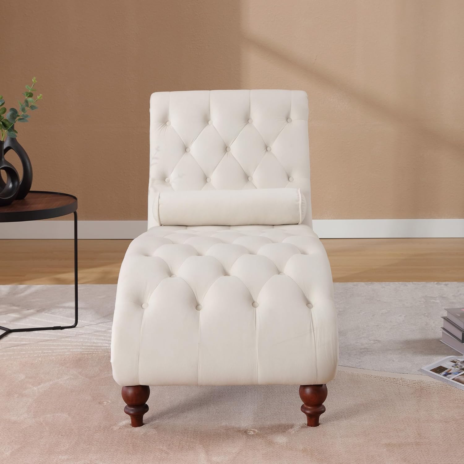 Button-Tufted Chaise Lounge Indoor, Velvet Chaise Lounge Chair with Legs & Toss Pillow, Armless Rolled Backrest Leisure Sofa Recliner for Living Room Bedroom (Begie)