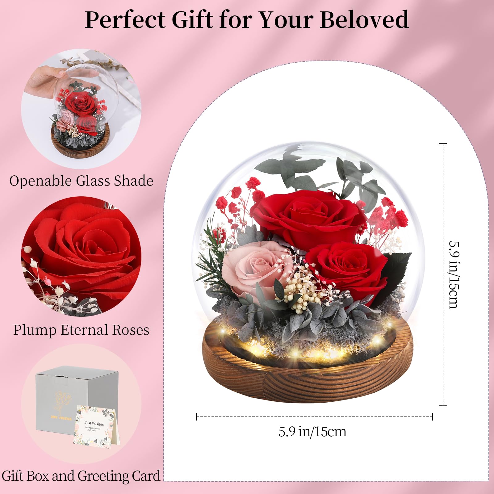 Emibele Mother's Day Eternal Rose Gifts for Mom, Preserved Real Rose in Glass Dome with LED Light for Decoration, Flowers for Delivery Prime, Gifts for Women Wife Her on Birthday Anniversary, Red