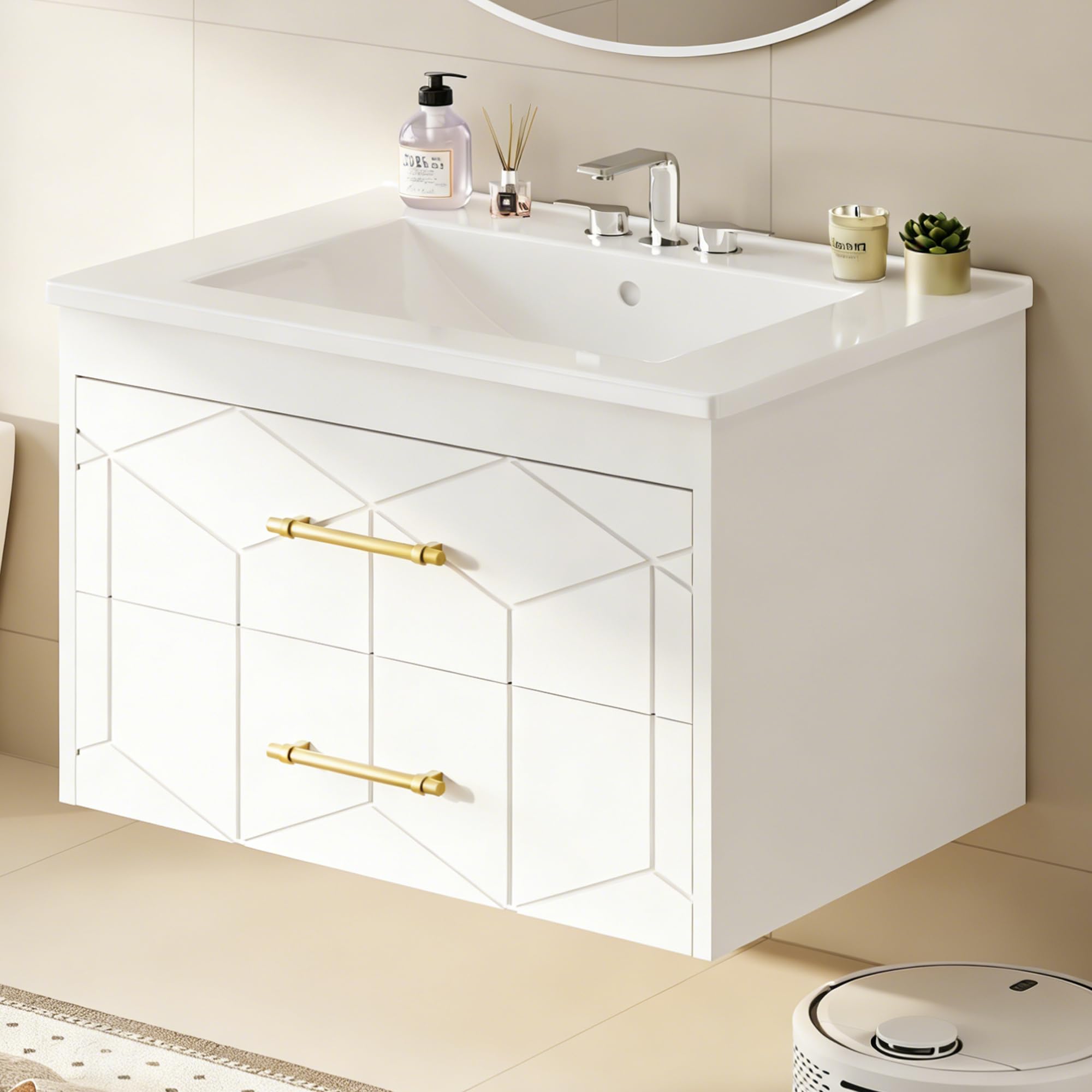 Photo 1 of *Broken**IDEALHOUSE Floating Bathroom Vanity with Sink 30 inch, Modern Bathroom Sink Cabinet, Ceramic Vanity Top, 2 Large Storage Drawers with Gold Metal Handle, Easy to Assembly, White