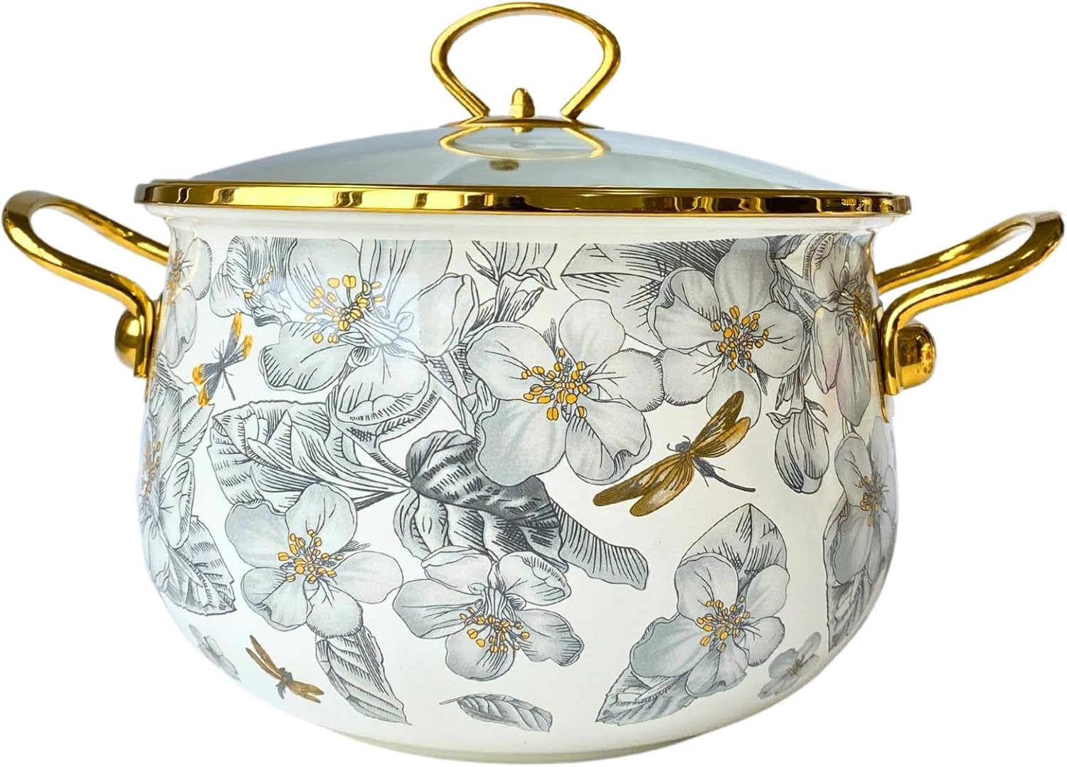 Enamel Cooking Pot with Lid,Deep Vintage Flower Stew Cooking Pot, Nonstick Thicken Saucepan with Glass Lid and Dual Handles, Large Soup Pot Safe for Induction Cookers and Stove,6.5L/5.9 quarts