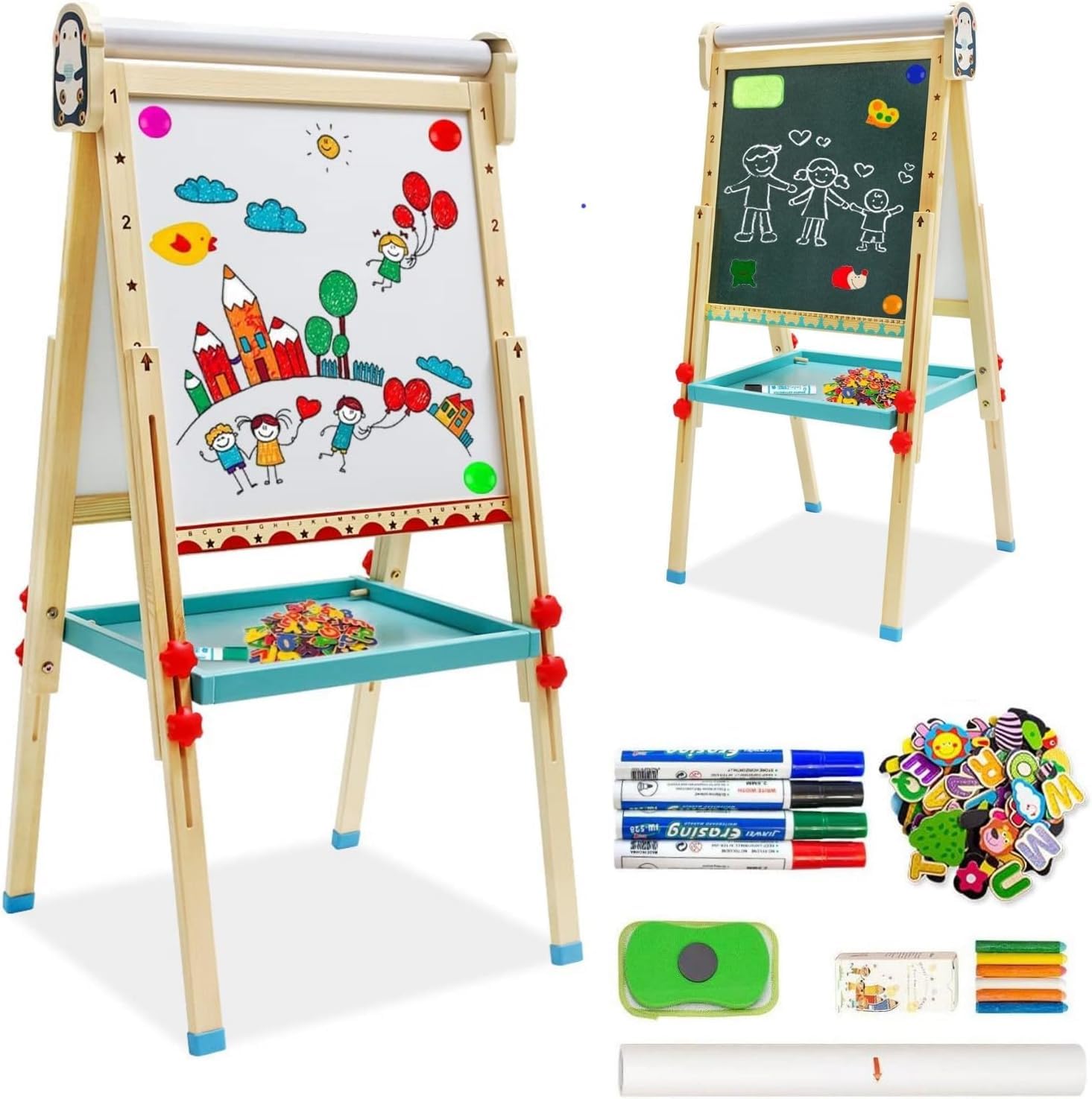 Children's Art Easel with Paper Roll,Double-Sided Whiteboard&Chalkboard,Adjustable Magnetic Standing Easel with Numbers and Other Accessories,Painting Easel for Girls Boys