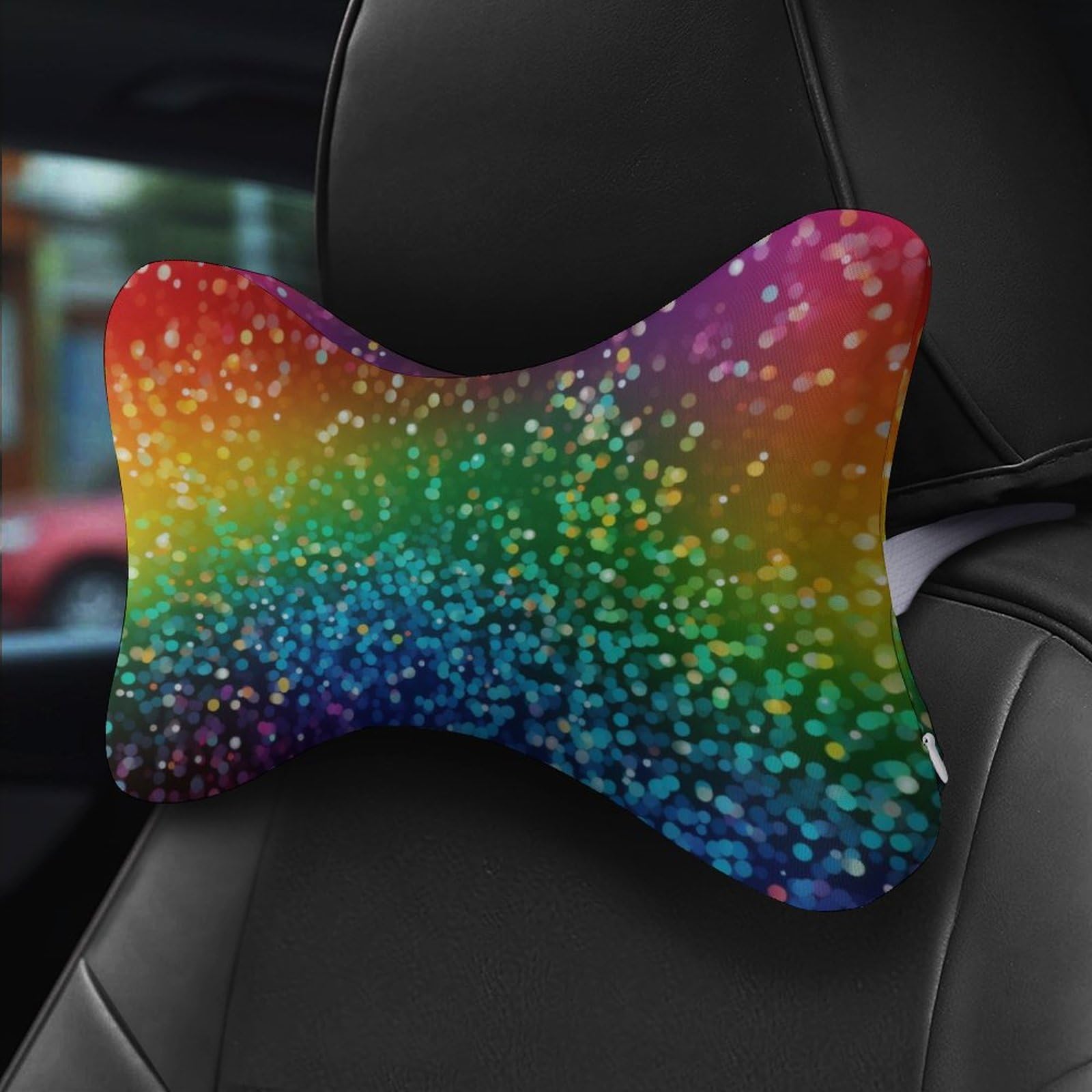 SMAZDFXX Rainbow Glitter Car Neck Pillow Set of 2 Car Seat Head Support Cushion Bone Pillows with Elastic Strap