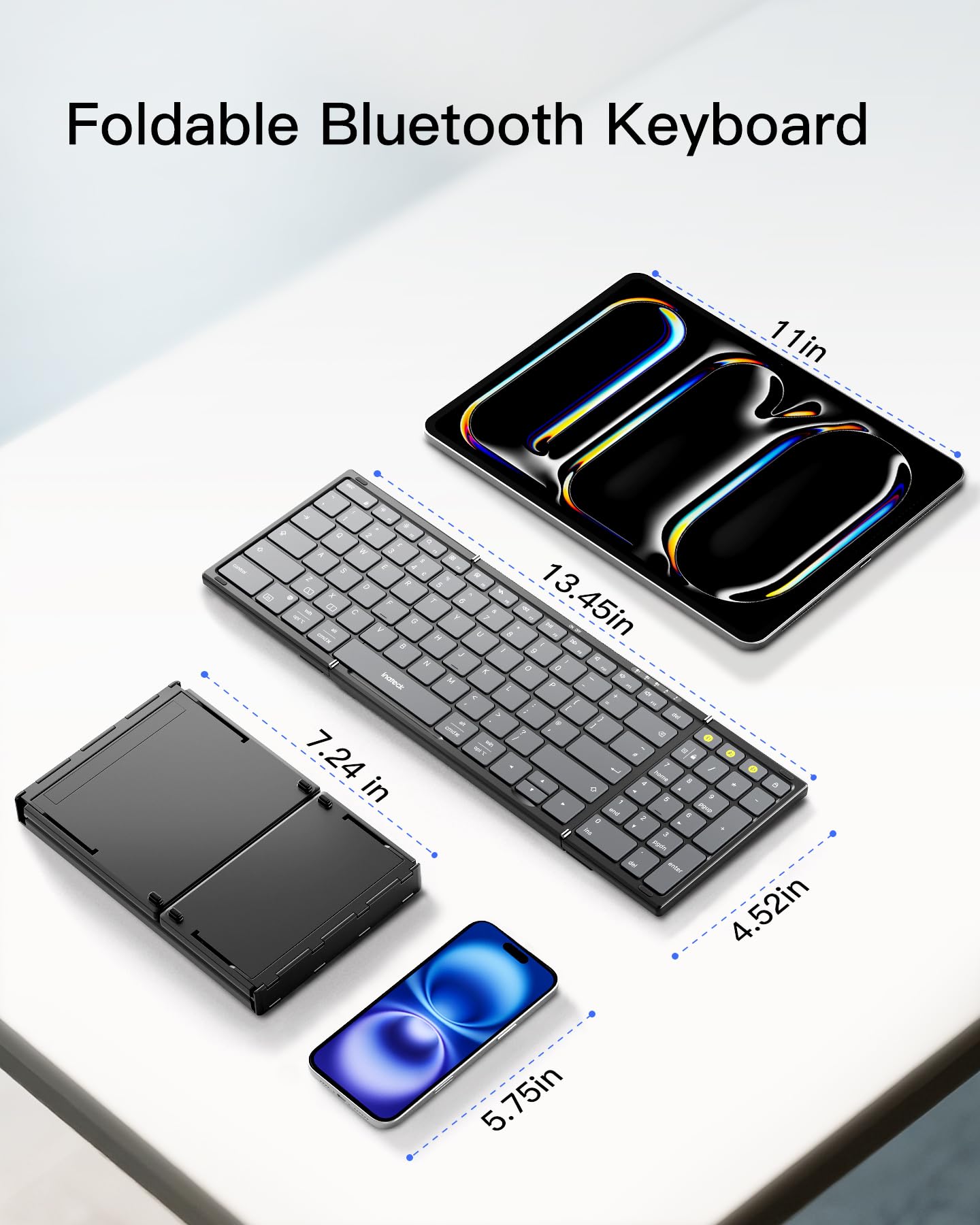 Inateck Teclado inalámbrico plegable con teclado numérico, funciones de IA | Diseño portátil para iPad/iPhone/Android/Windows/tabletas, con soporte (negro)