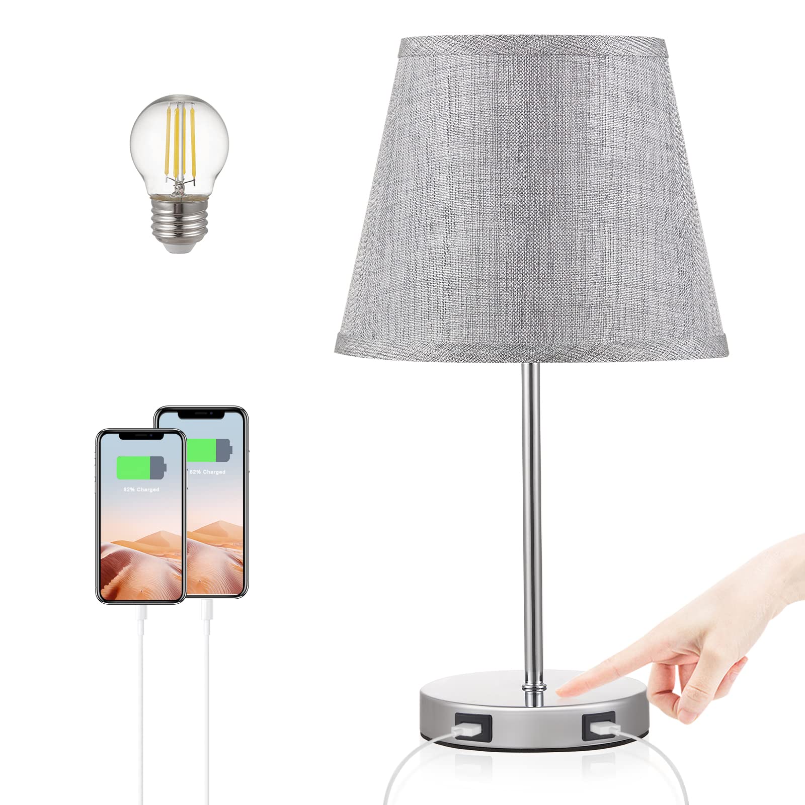 USB Touch Table Lamp Bedside Lamp with Dual USB Charging Ports, Modern