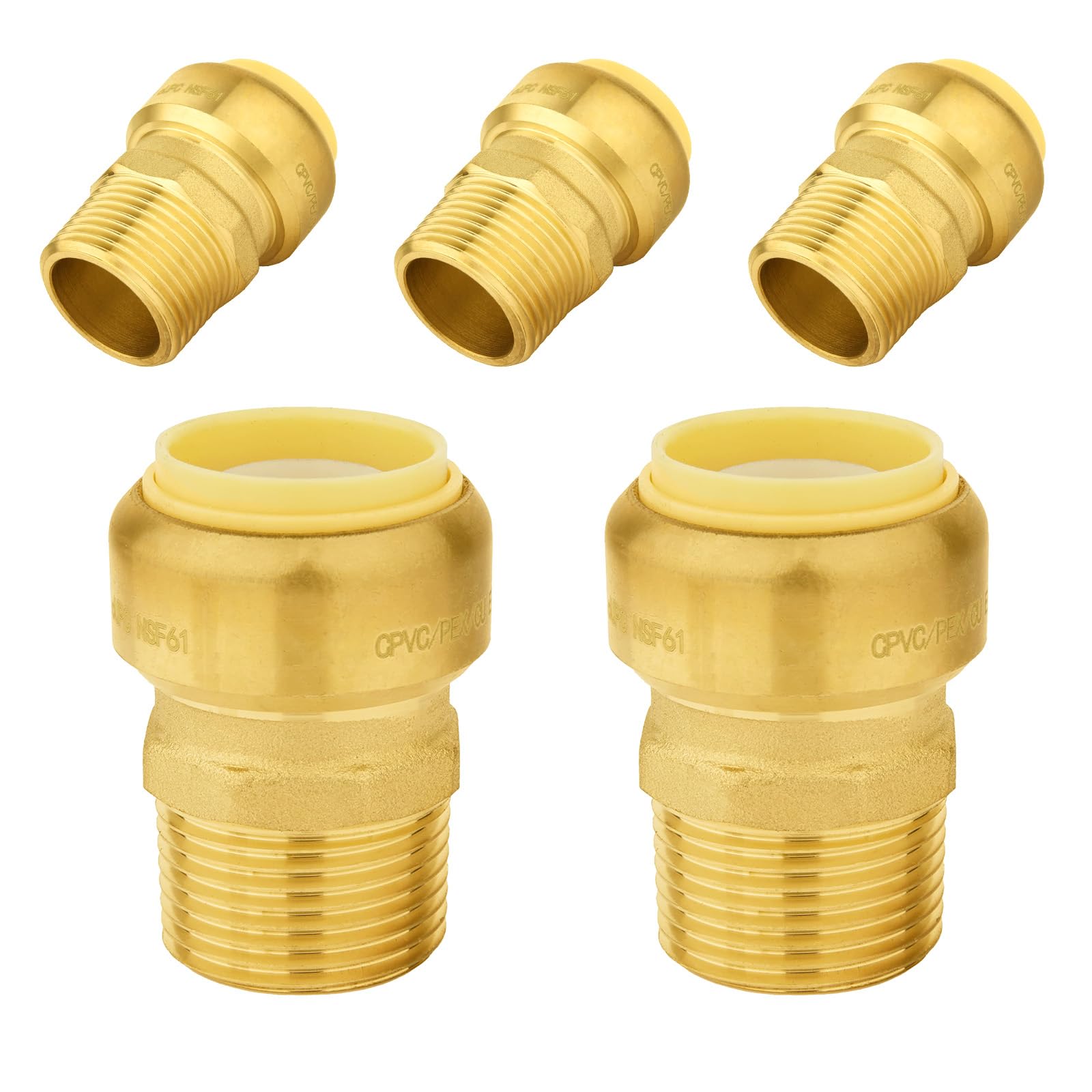 5 szt. złączek mosiężnych Foskan 3/4" Push-to-connect x 3/4" z gwintem zewnętrznym, do łączenia rur PEX, miedzianych, C, PE-RT, z zaciskiem rozłączającym do napraw hydraulicznych (PTC x MNPT)