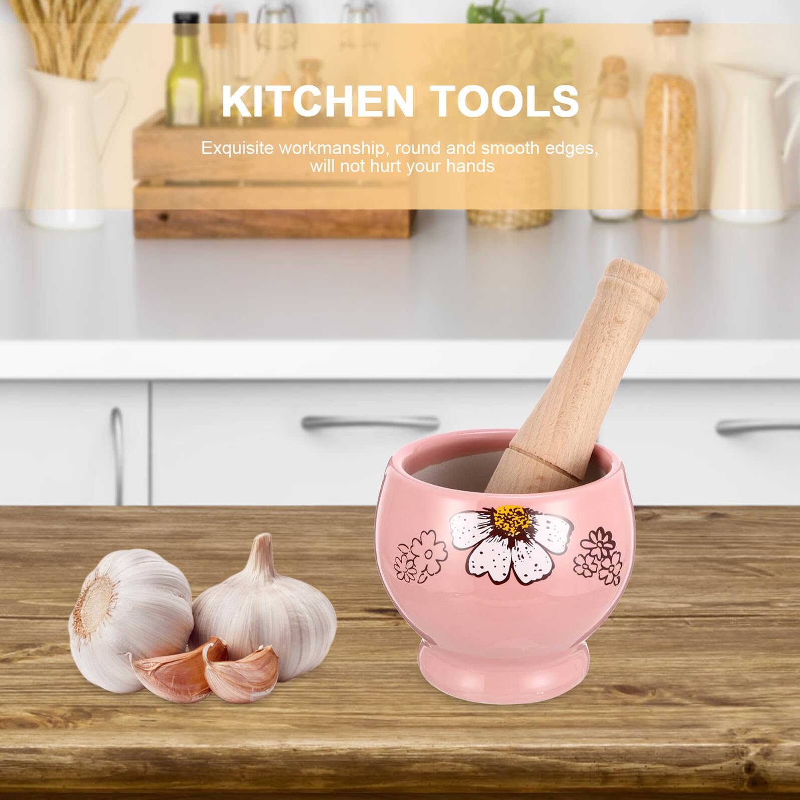 Keramik Mörser mit Stampfer 1 Satz Rosa, Rund mit Holzgriff | Knoblauch und Gewürze, Ergonomische Form, Tragbar, Küchenutensil für Einfaches Zerkleinern Zufällige Farbe