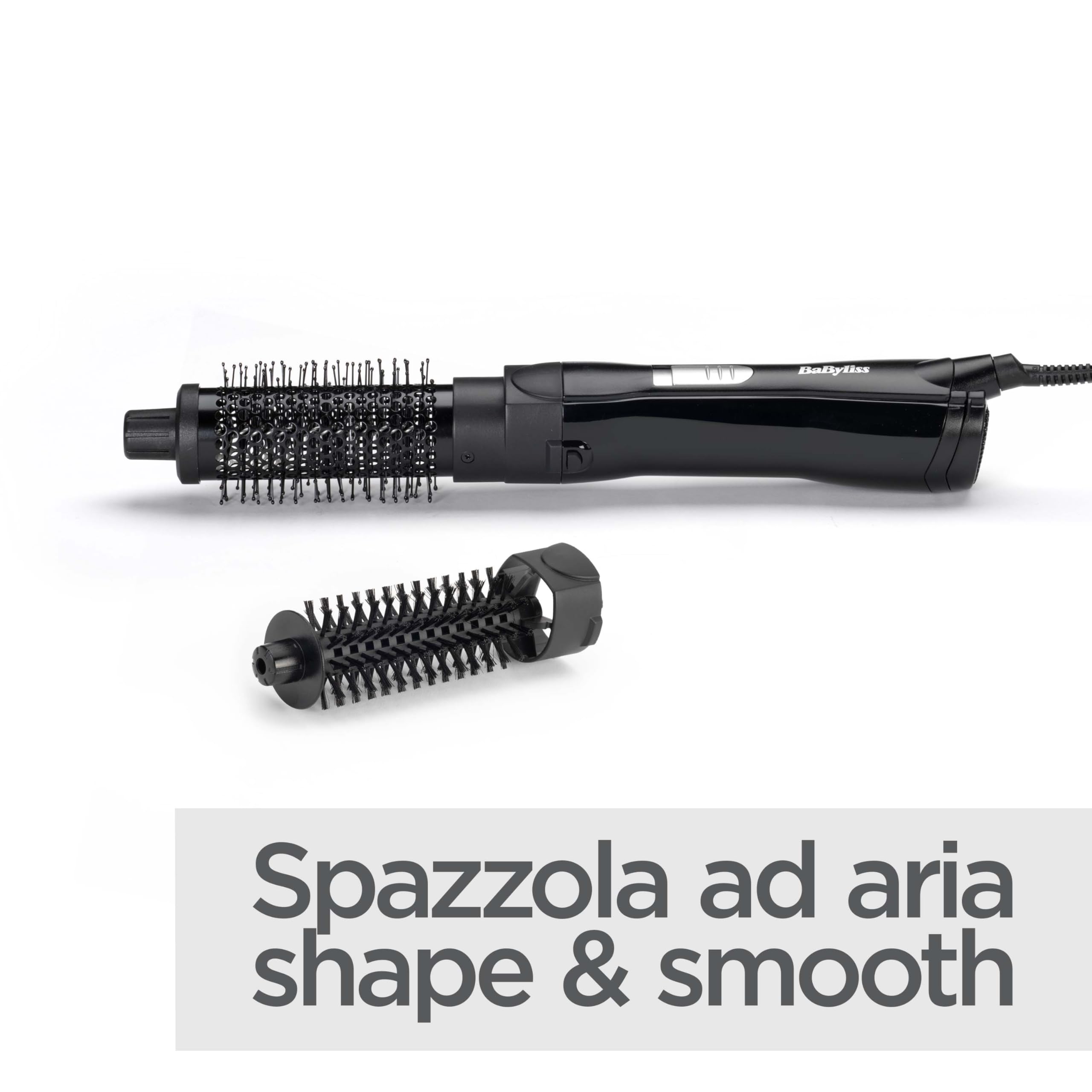 BaByliss Shape & Smooth, Spazzola ad aria calda, 2 accessori intercambiabili, spazzola da 20mm e spazzola da 30mm, funzione aria fredda per fissare la piega, nero, AS82E
