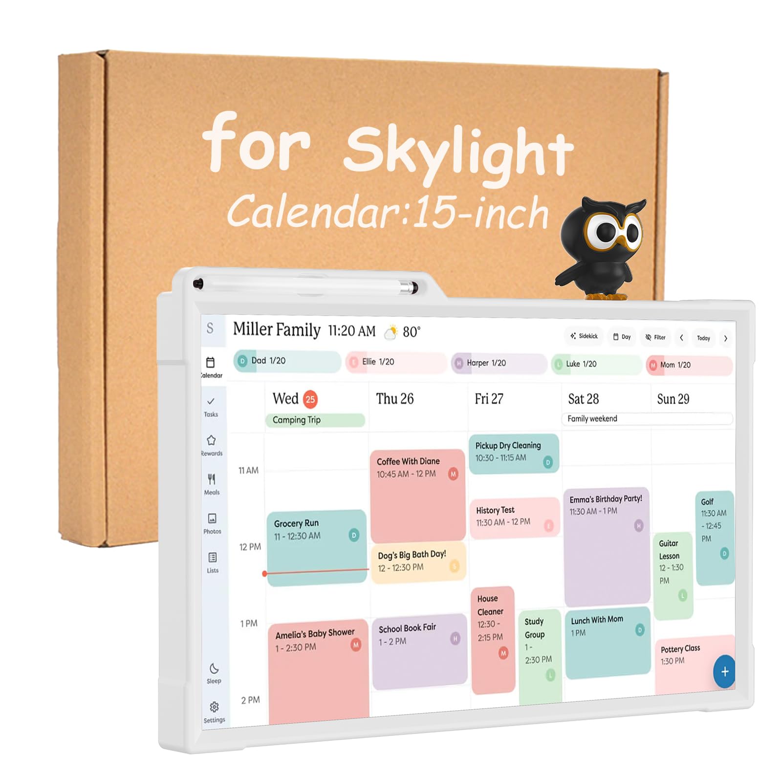 Calendar Frame Case for 15 Inch Skylight Calendars with Owl Design, Stylus Pen and 4 Pen Heads Included in Calendar Protector (White)