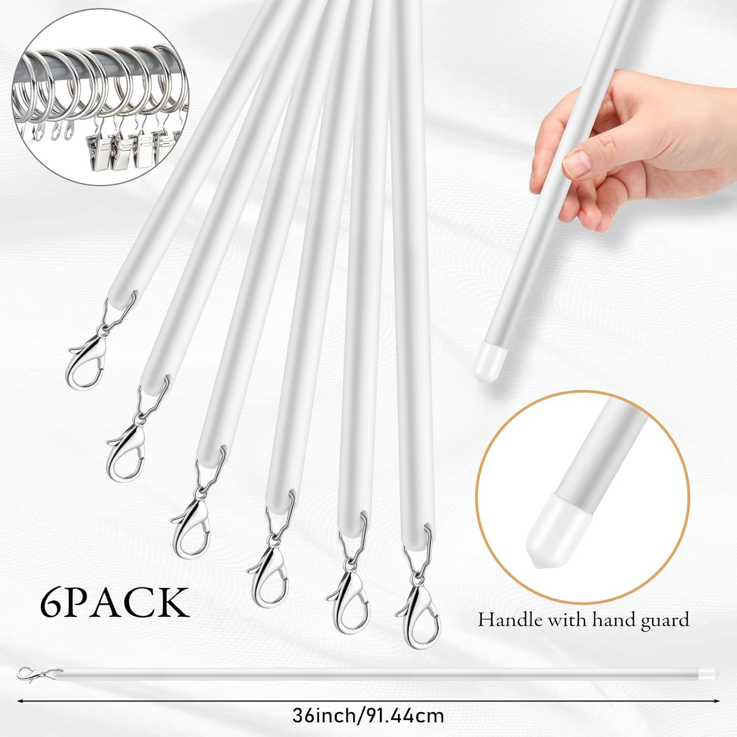 Shimeyao 6 Pack 36 Inch Acrylic Curtain Pull Wands Drapery Pull Rod White Versatile Fiberglass Blinds Invisible Wand Kits with Curtain Rings and Hooks for Opening Closing Curtains Homes Offices Window