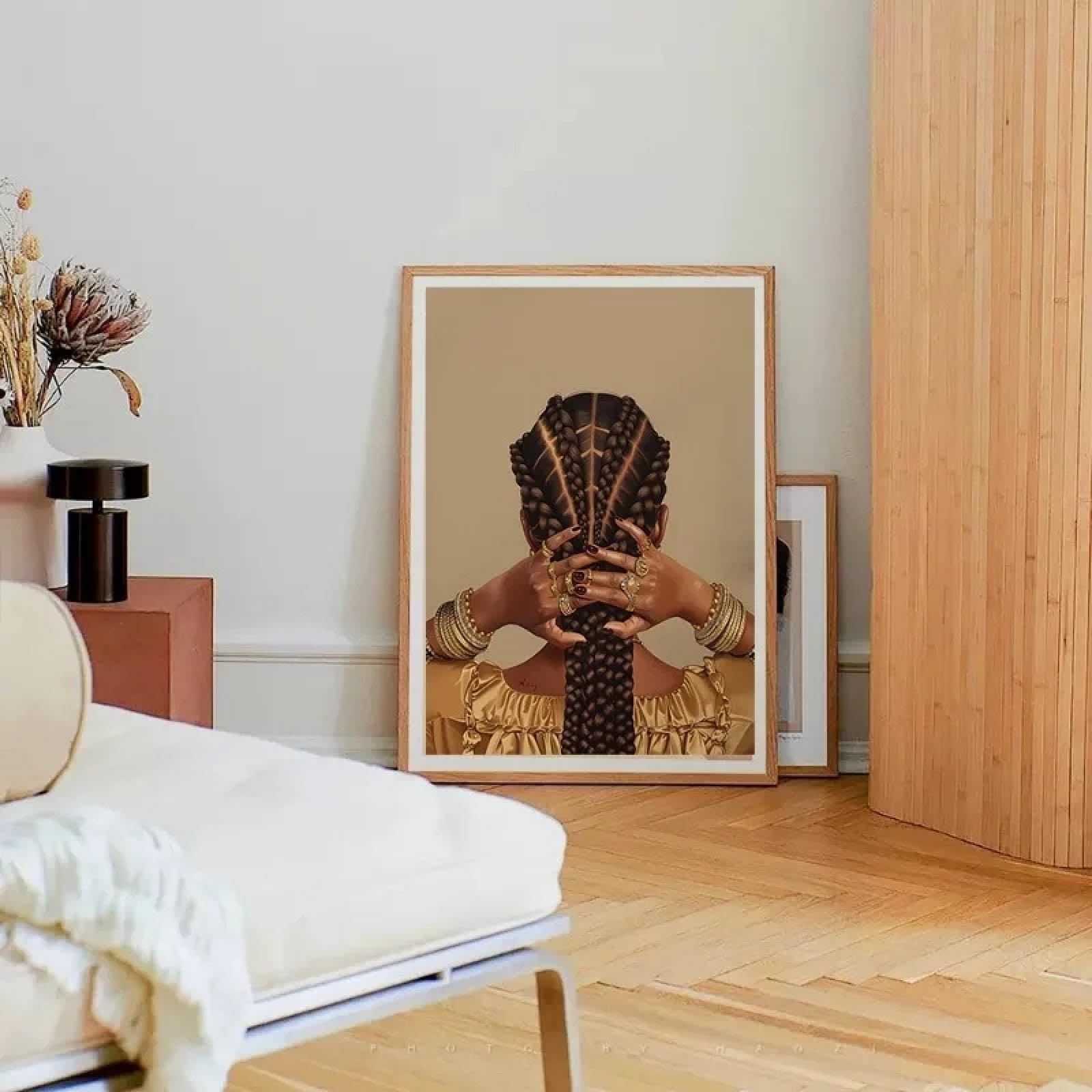 ZHAOLIN Póster de trenzas de mujer afroamericana con peinado de chica moderna y joyas doradas, lienzo para decoración del hogar, 60 x 90 cm x 3 cm, marco interior.