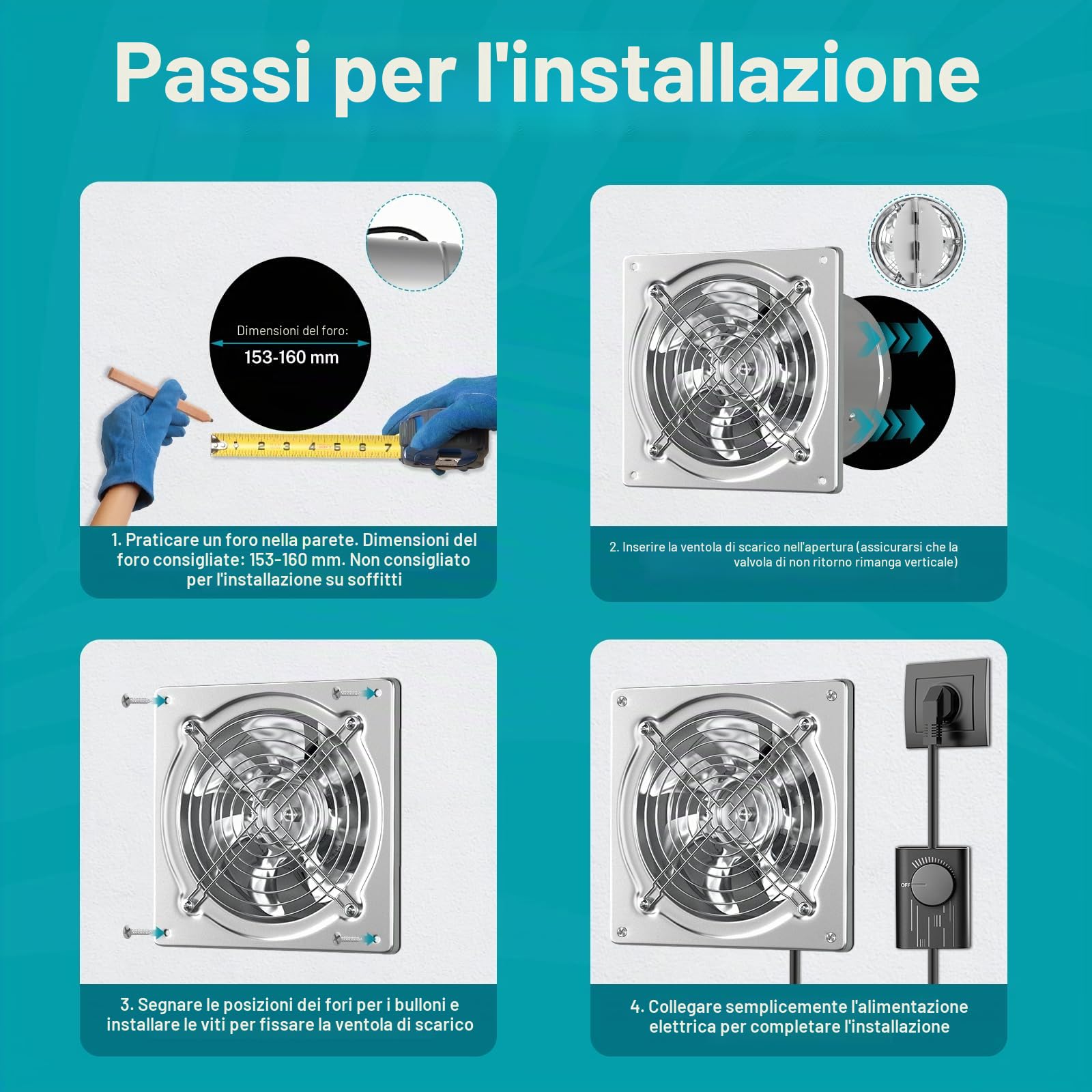 HG Power Ventola di aspirazione dell'aria da 150 mm, in metallo, con valvola di ritegno, potenza 525 m³/h, con presa europea, per cucina, bagno, garage, seminterrato, colore: argento