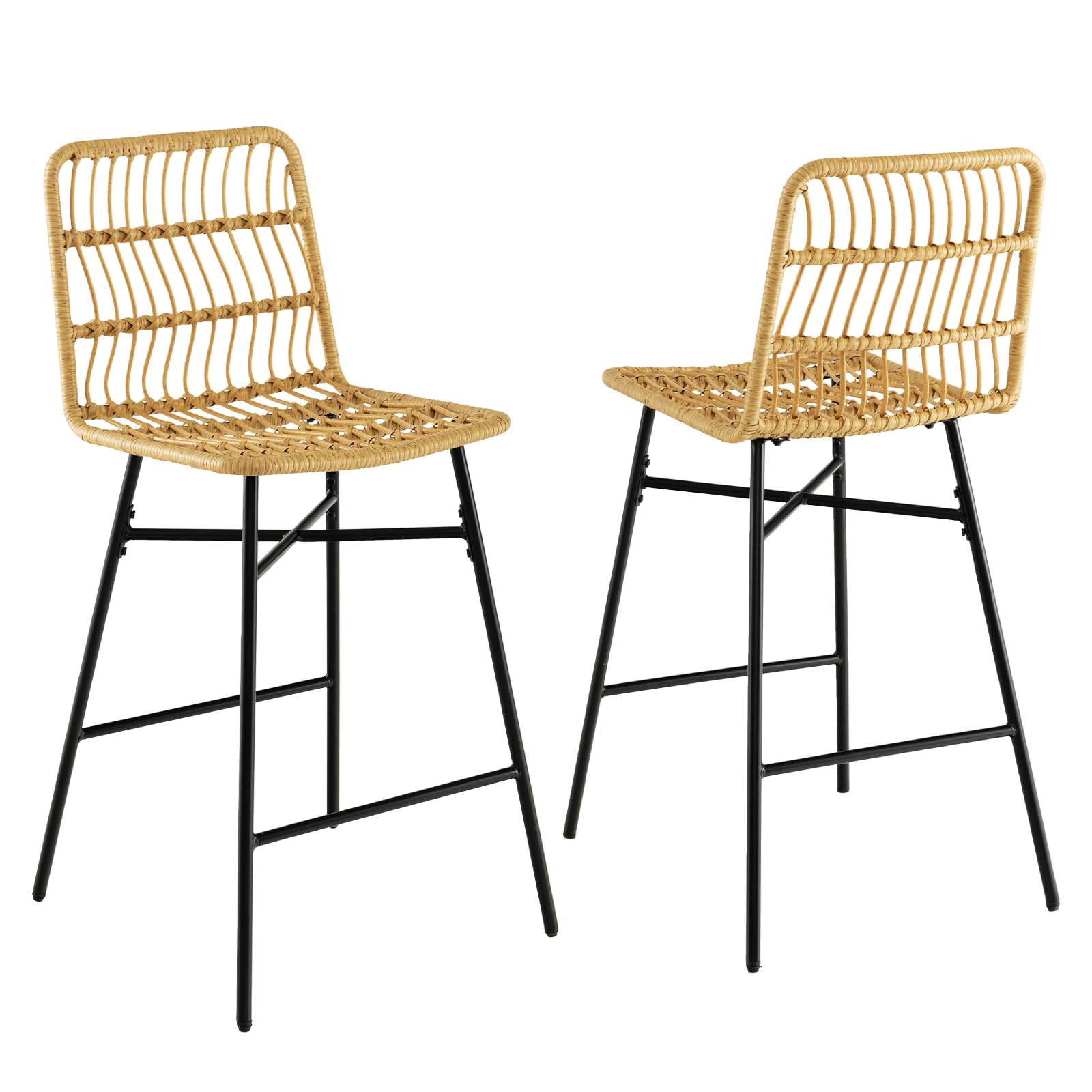HOMASIS Juego de 2 Taburetes de Ratán, Taburete Alto, Estructura de Metal Resistente, Taburetes de Bar de Mimbre Modernos para Cocina, Restaurante, 56x49x104cm, Color Original